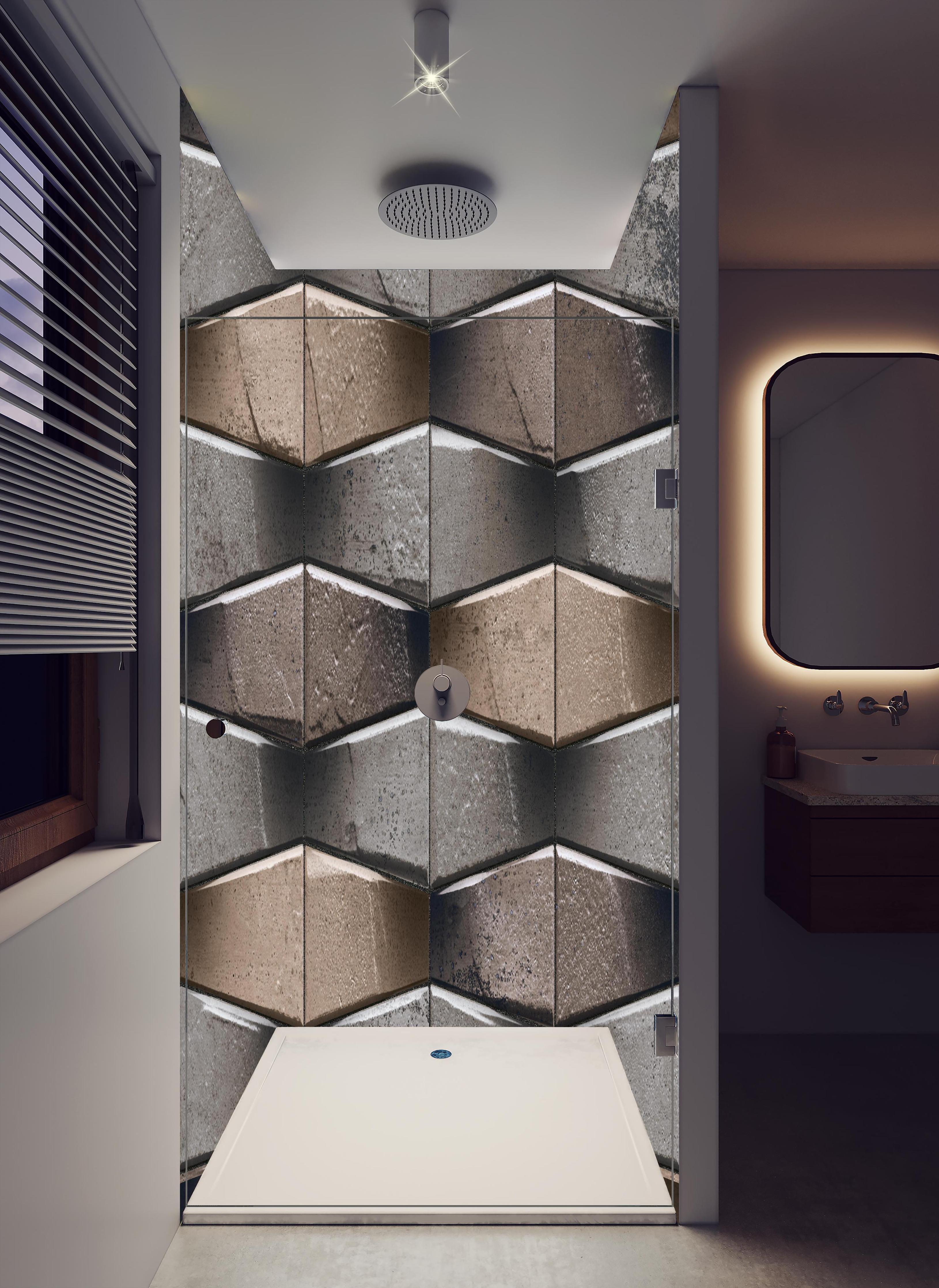 Duschrückwand - Unebene dunkle Steinwand in hellem Badezimmer mit Regenduschkopf - zweiteilige Eck-Duschrückwand