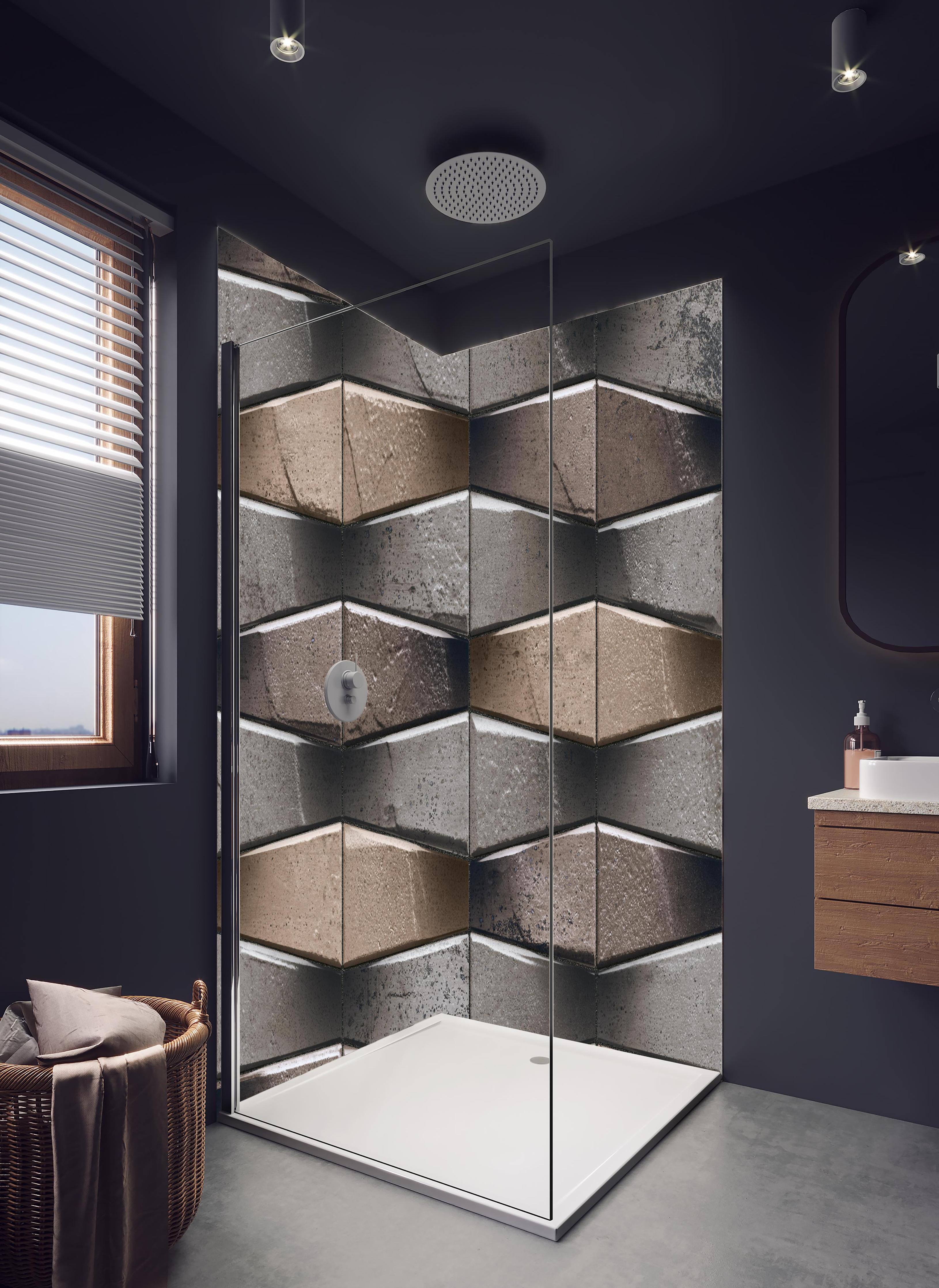 Duschrückwand - Unebene dunkle Steinwand in hellem Badezimmer mit Regenduschkopf - zweiteilige Eck-Duschrückwand