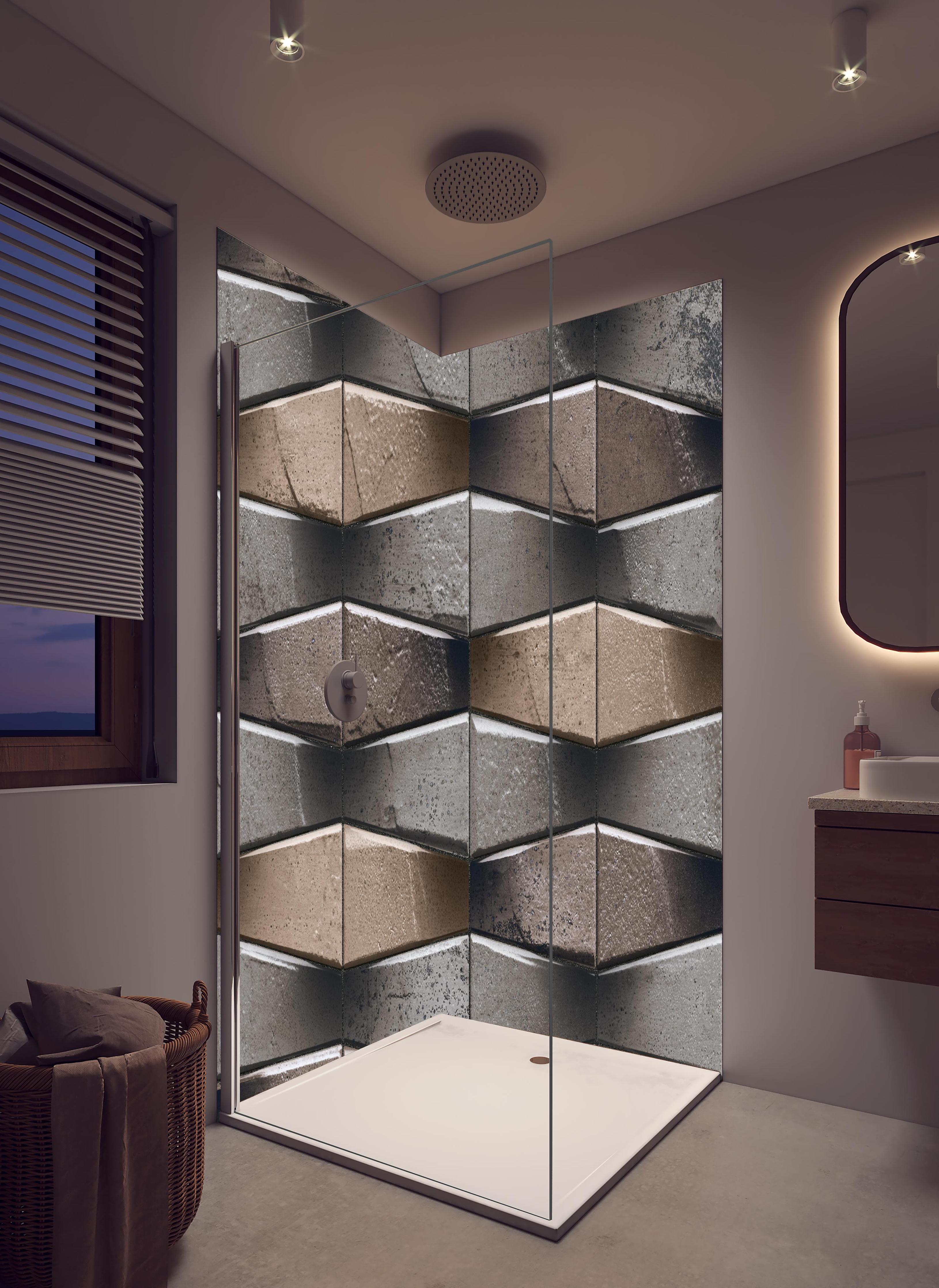 Duschrückwand - Unebene dunkle Steinwand in hellem Badezimmer mit Regenduschkopf - zweiteilige Eck-Duschrückwand