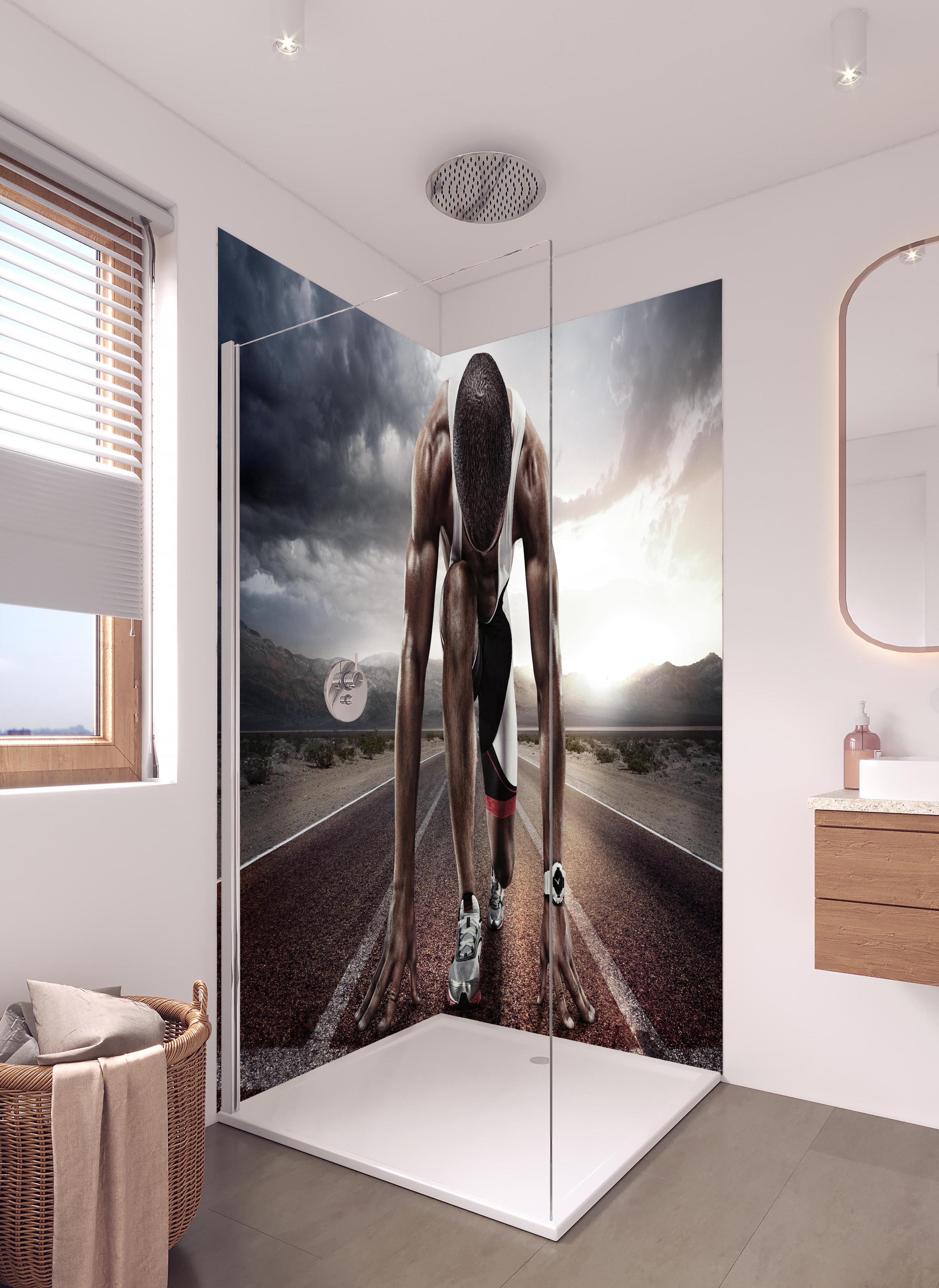 Duschrückwand - Ungewöhnliche Laufstrecke - Athlet in hellem Badezimmer mit Regenduschkopf - zweiteilige Eck-Duschrückwand