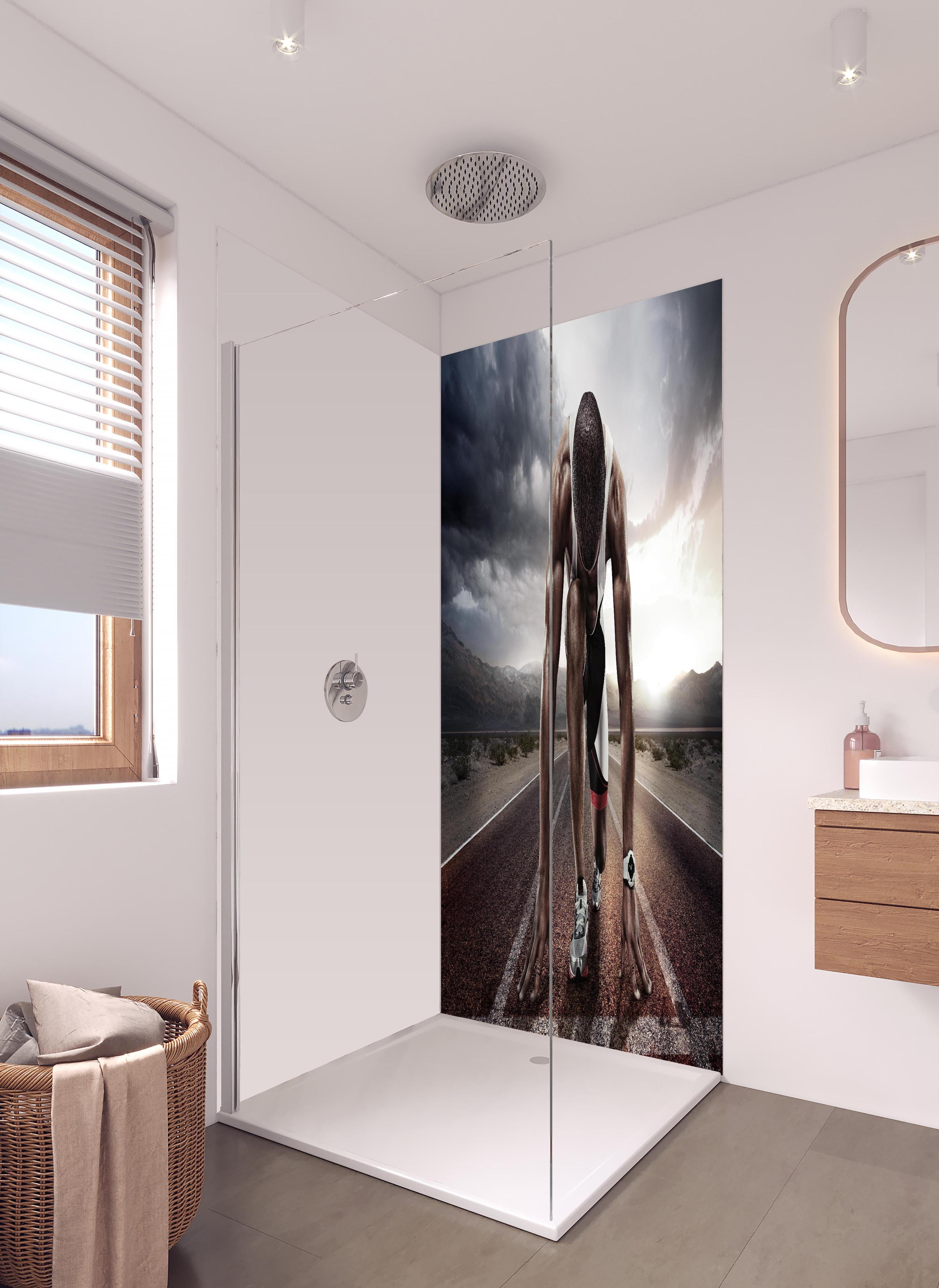 Duschrückwand - Ungewöhnliche Laufstrecke - Athlet in hellem Badezimmer mit Regenduschkopf - zweiteilige Eck-Duschrückwand