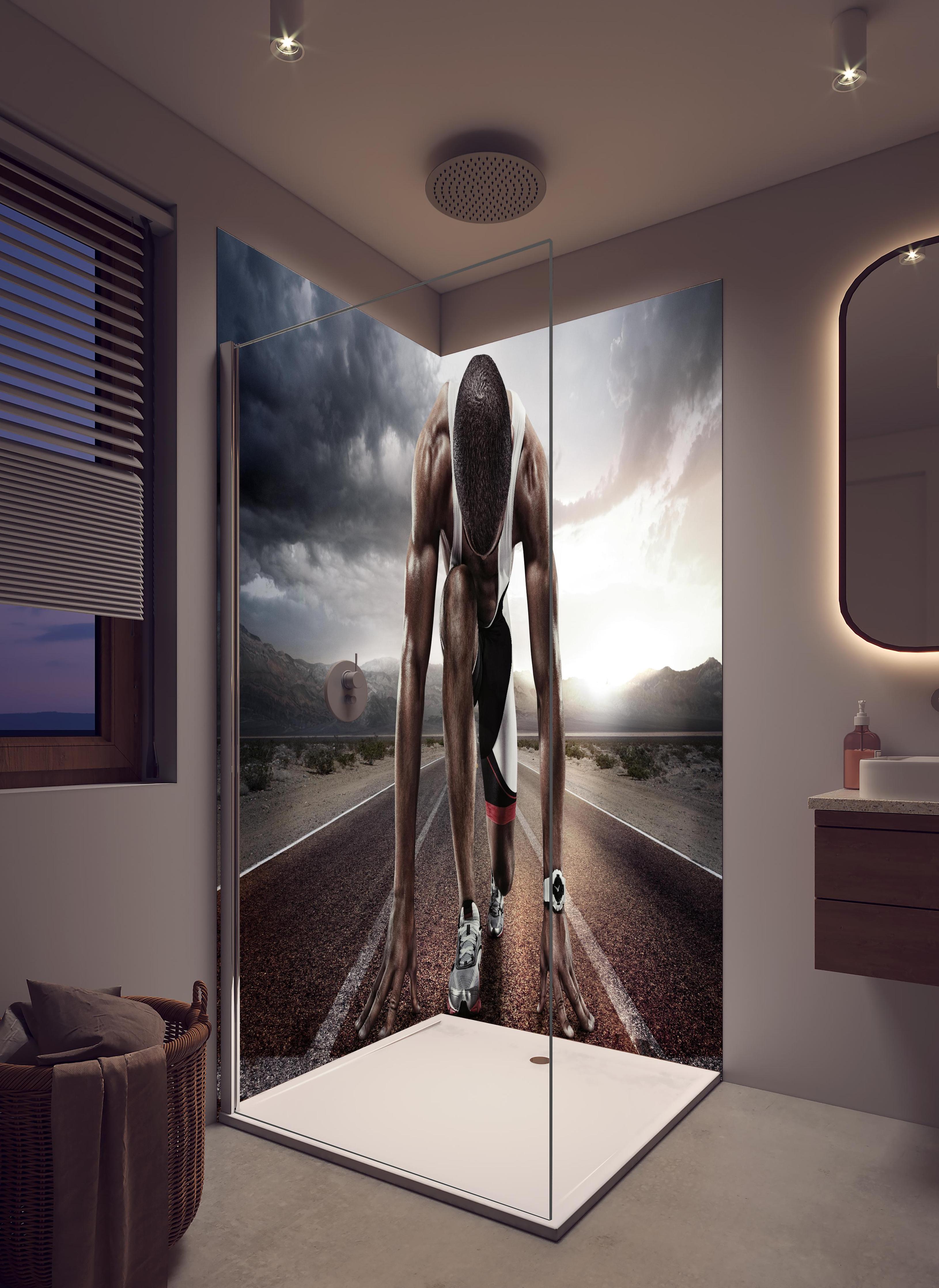Duschrückwand - Ungewöhnliche Laufstrecke - Athlet in hellem Badezimmer mit Regenduschkopf - zweiteilige Eck-Duschrückwand