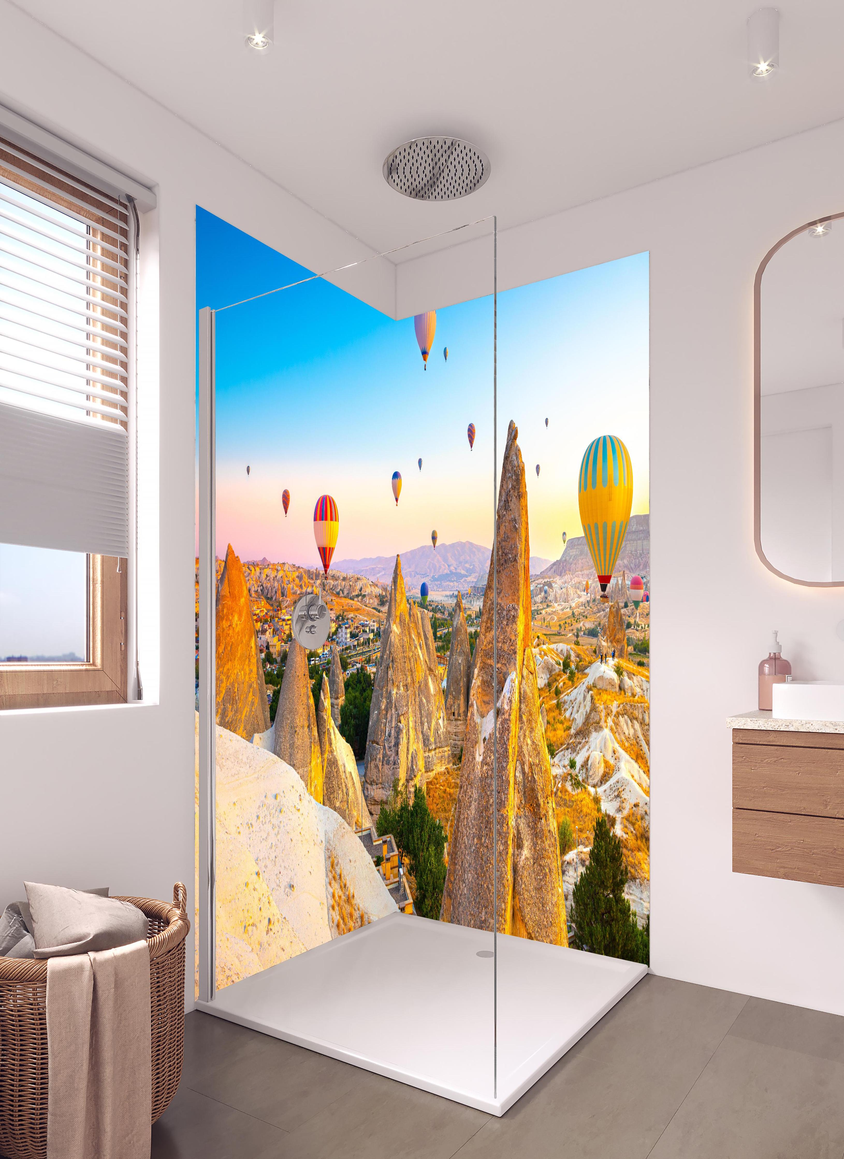 Duschrückwand - Ungewöhnlichen Felslandschaft in Kappadokien in hellem Badezimmer mit Regenduschkopf - zweiteilige Eck-Duschrückwand