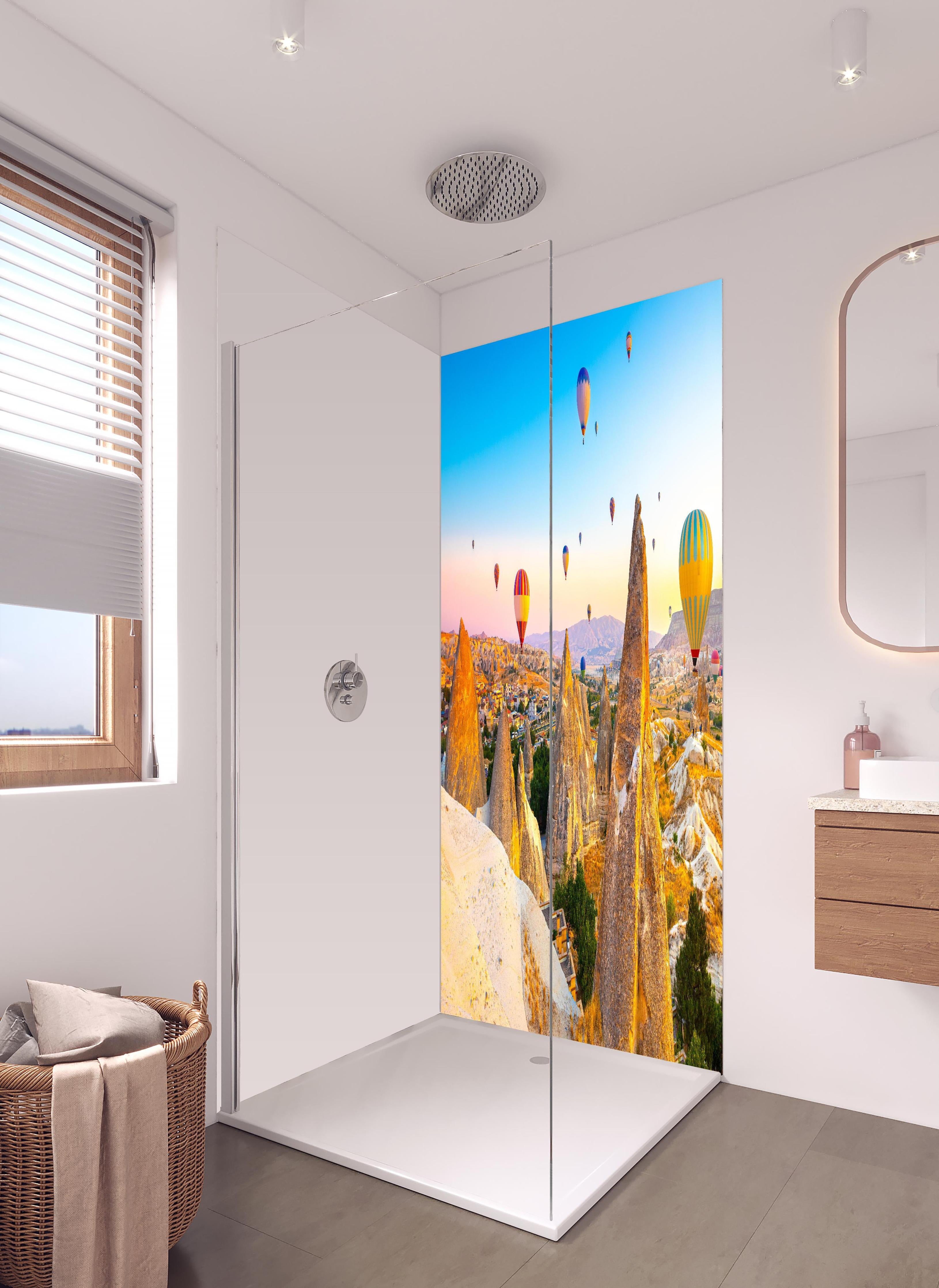 Duschrückwand - Ungewöhnlichen Felslandschaft in Kappadokien in hellem Badezimmer mit Regenduschkopf - zweiteilige Eck-Duschrückwand