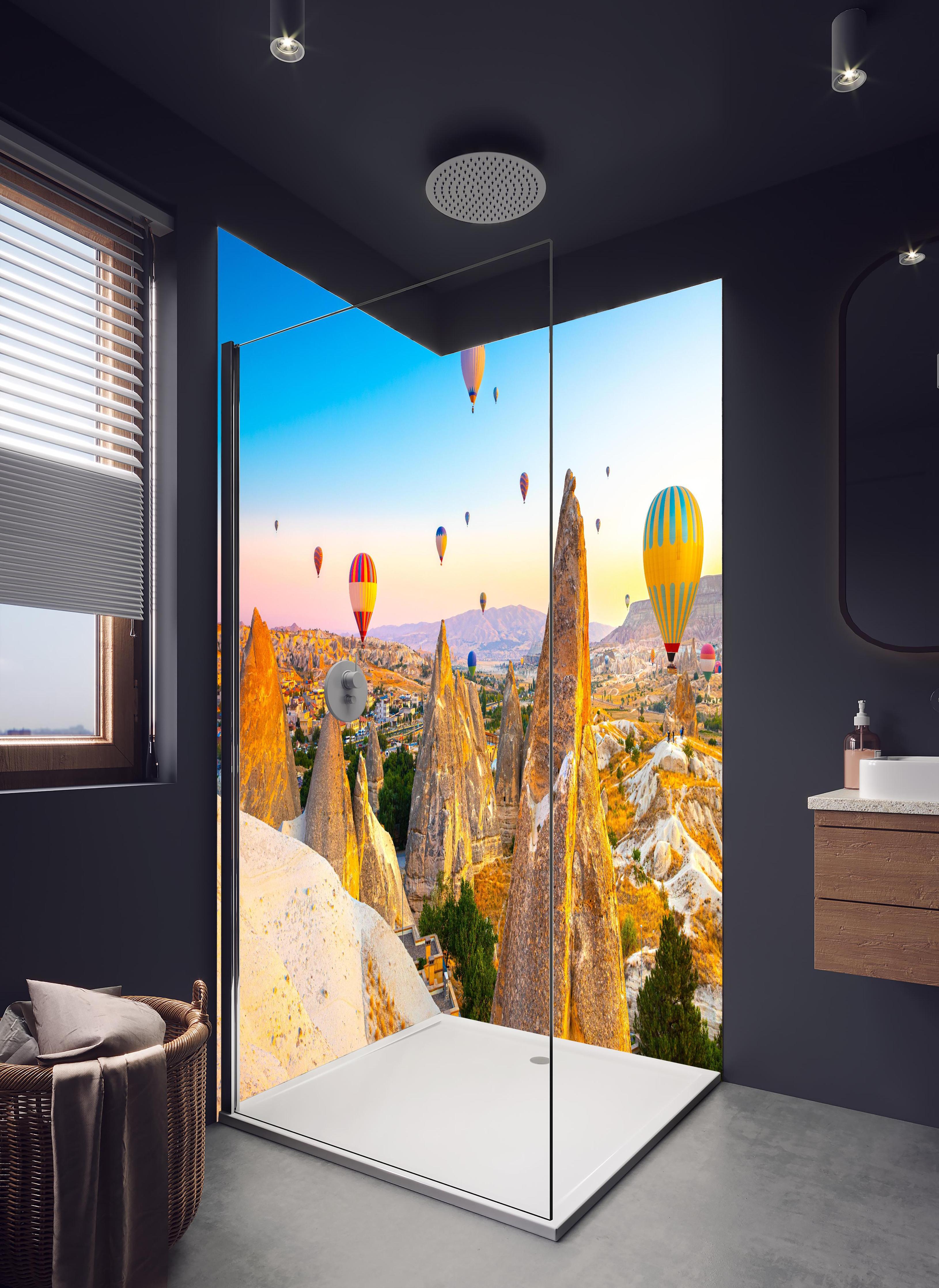 Duschrückwand - Ungewöhnlichen Felslandschaft in Kappadokien in hellem Badezimmer mit Regenduschkopf - zweiteilige Eck-Duschrückwand