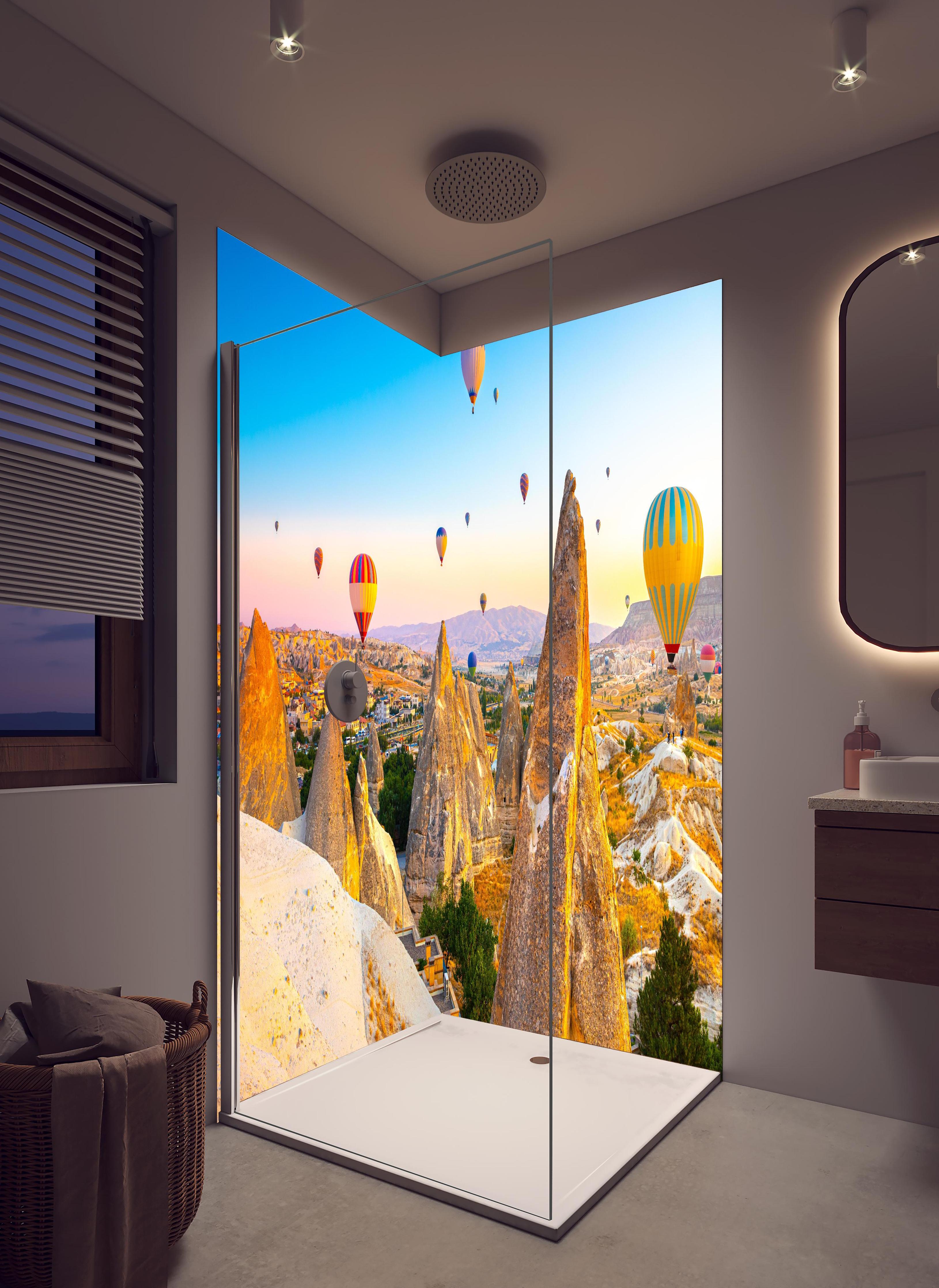 Duschrückwand - Ungewöhnlichen Felslandschaft in Kappadokien in hellem Badezimmer mit Regenduschkopf - zweiteilige Eck-Duschrückwand