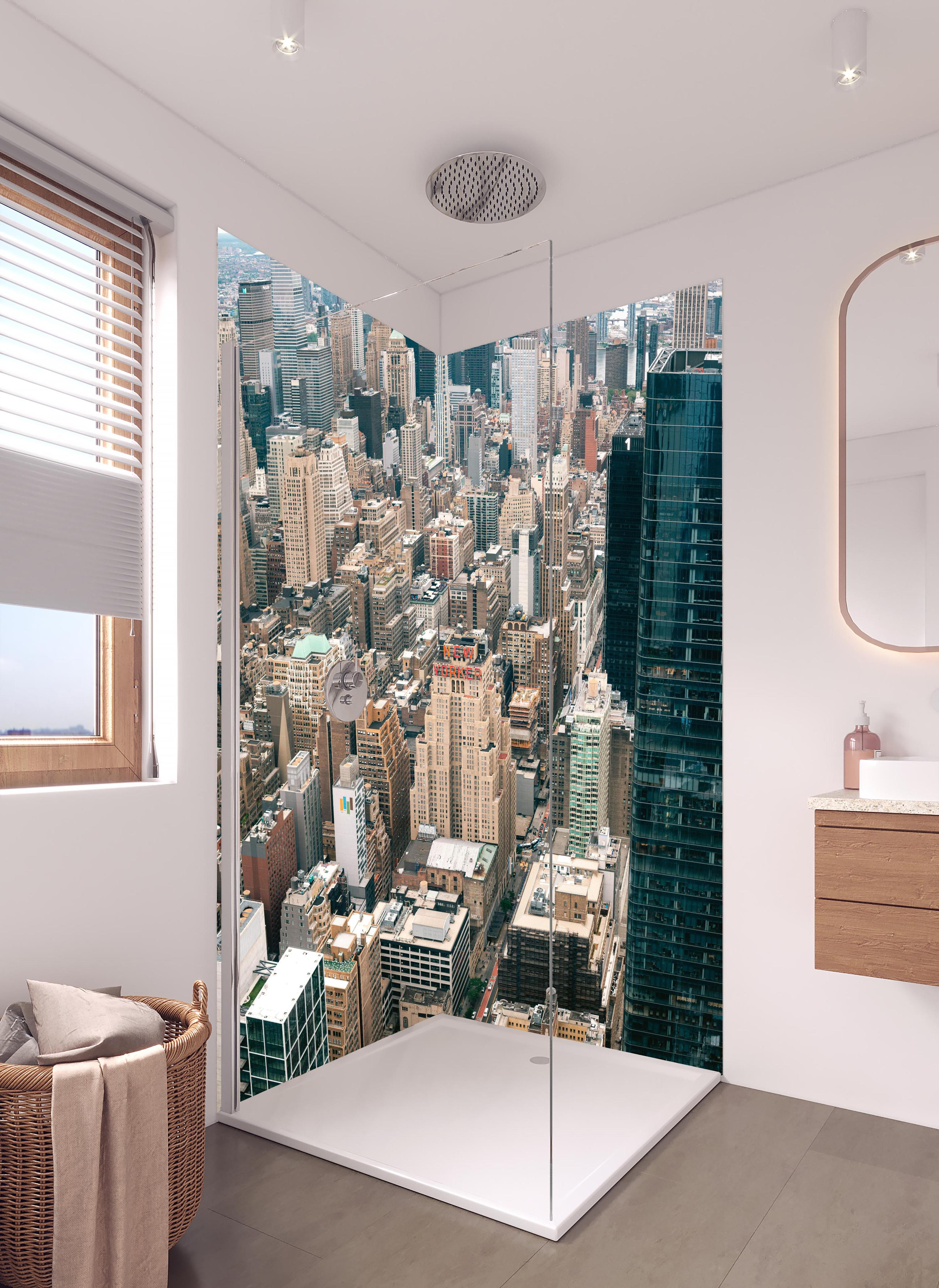 Duschrückwand - Urbaner Blick auf Manhattan Hochhäuser in hellem Badezimmer mit Regenduschkopf - zweiteilige Eck-Duschrückwand