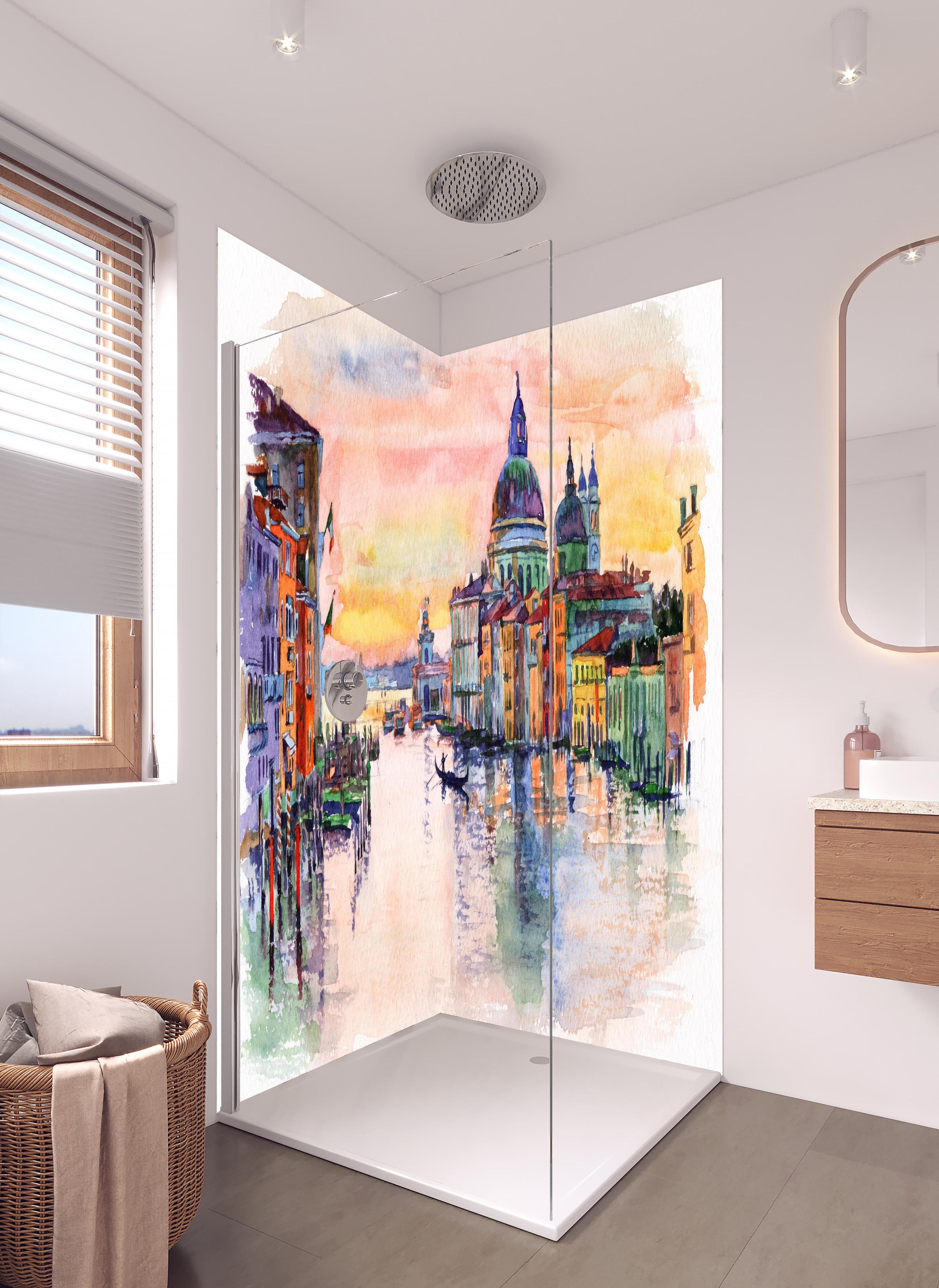 Duschrückwand - Venedig Aquarell in hellem Badezimmer mit Regenduschkopf - zweiteilige Eck-Duschrückwand