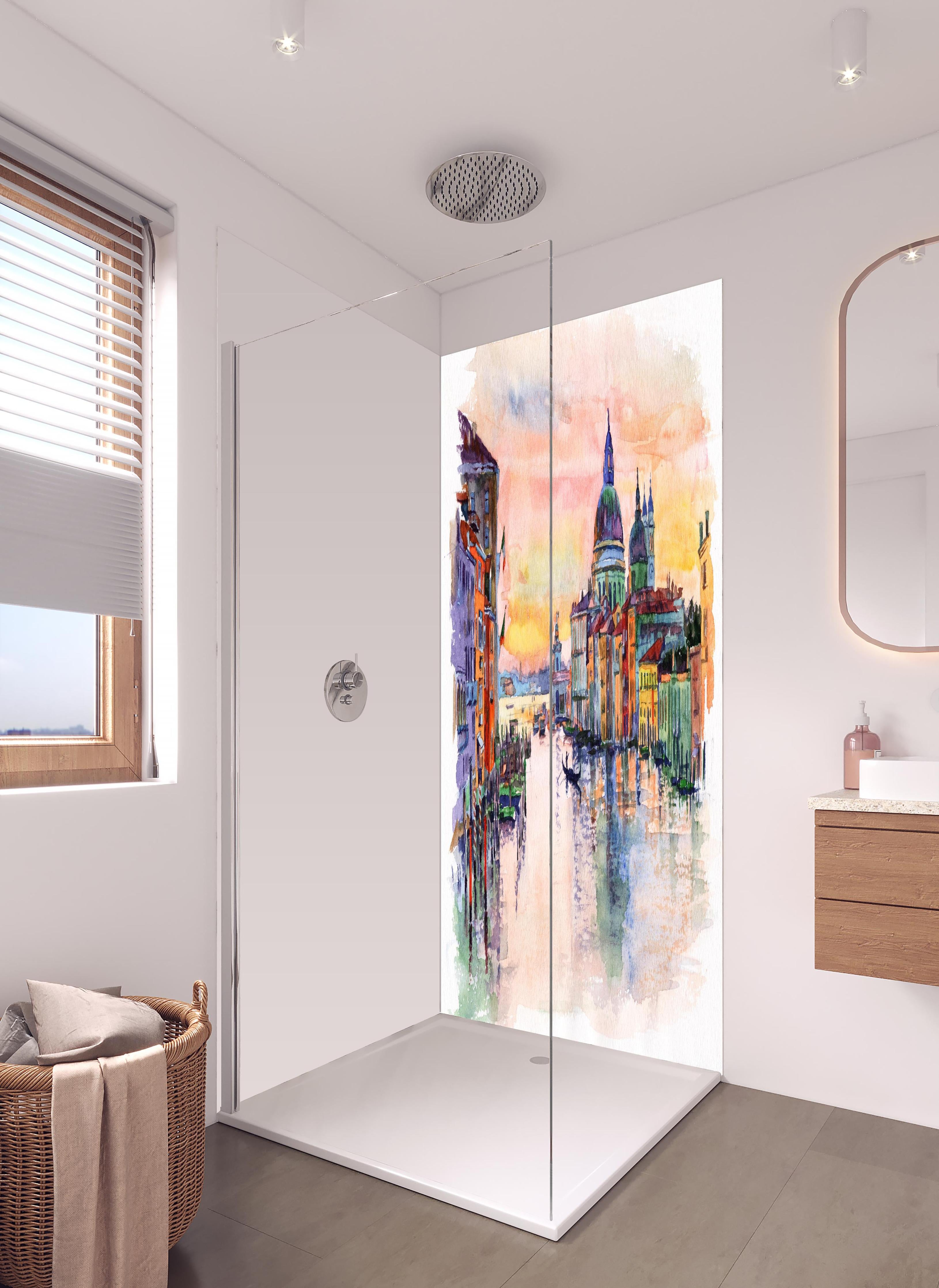 Duschrückwand - Venedig Aquarell in hellem Badezimmer mit Regenduschkopf - zweiteilige Eck-Duschrückwand