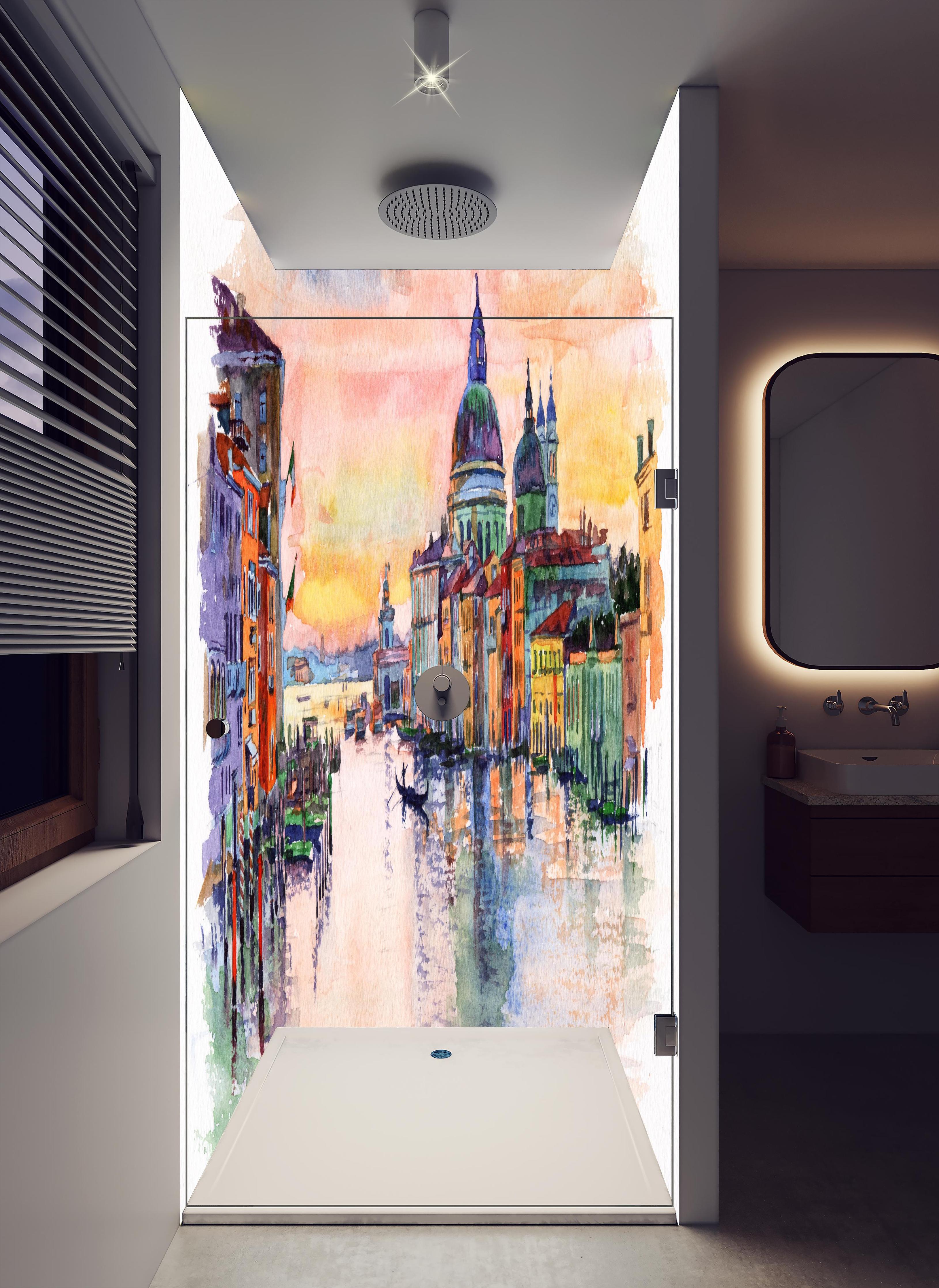 Duschrückwand - Venedig Aquarell in hellem Badezimmer mit Regenduschkopf - zweiteilige Eck-Duschrückwand