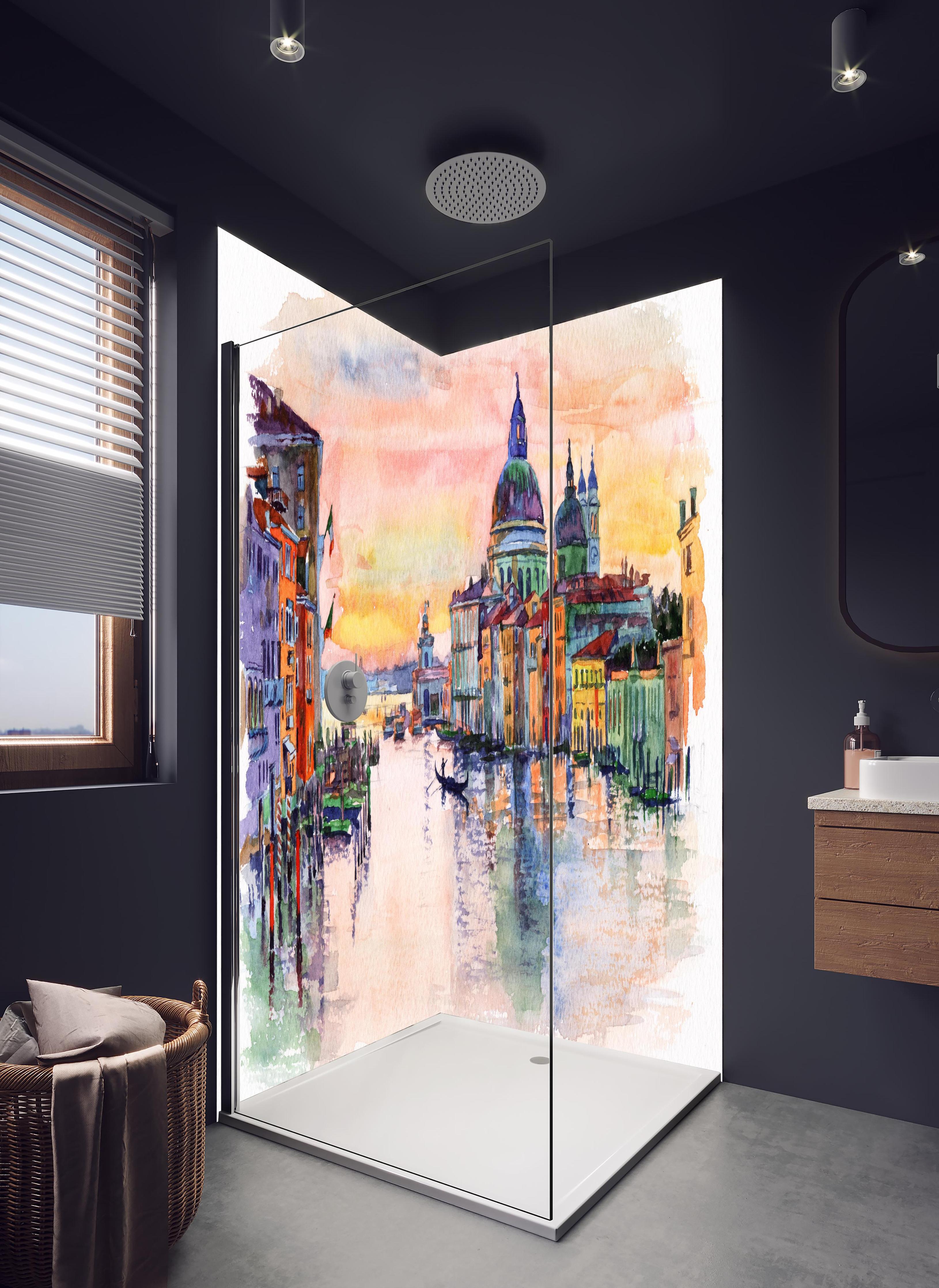 Duschrückwand - Venedig Aquarell in hellem Badezimmer mit Regenduschkopf - zweiteilige Eck-Duschrückwand