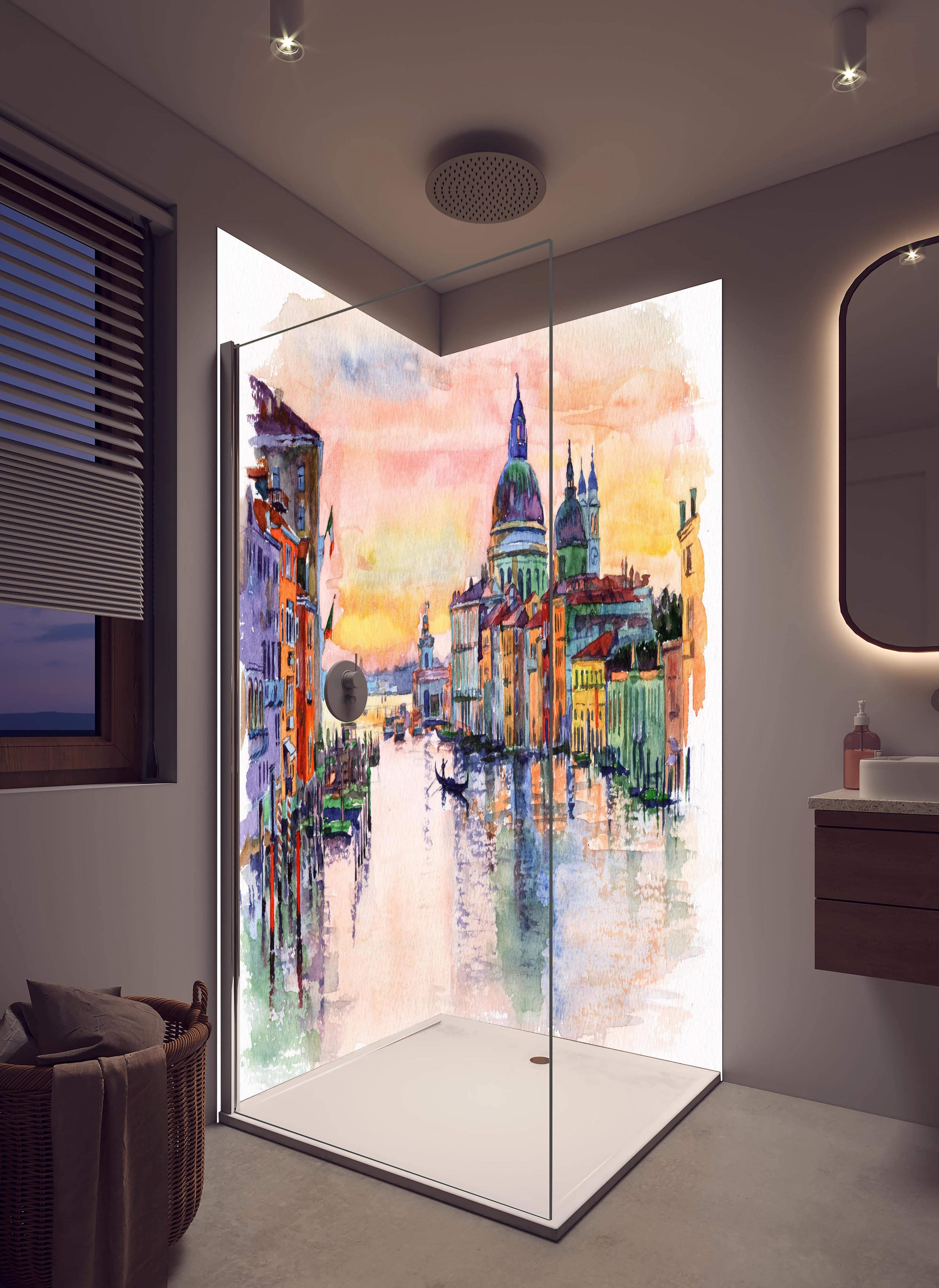 Duschrückwand - Venedig Aquarell in hellem Badezimmer mit Regenduschkopf - zweiteilige Eck-Duschrückwand
