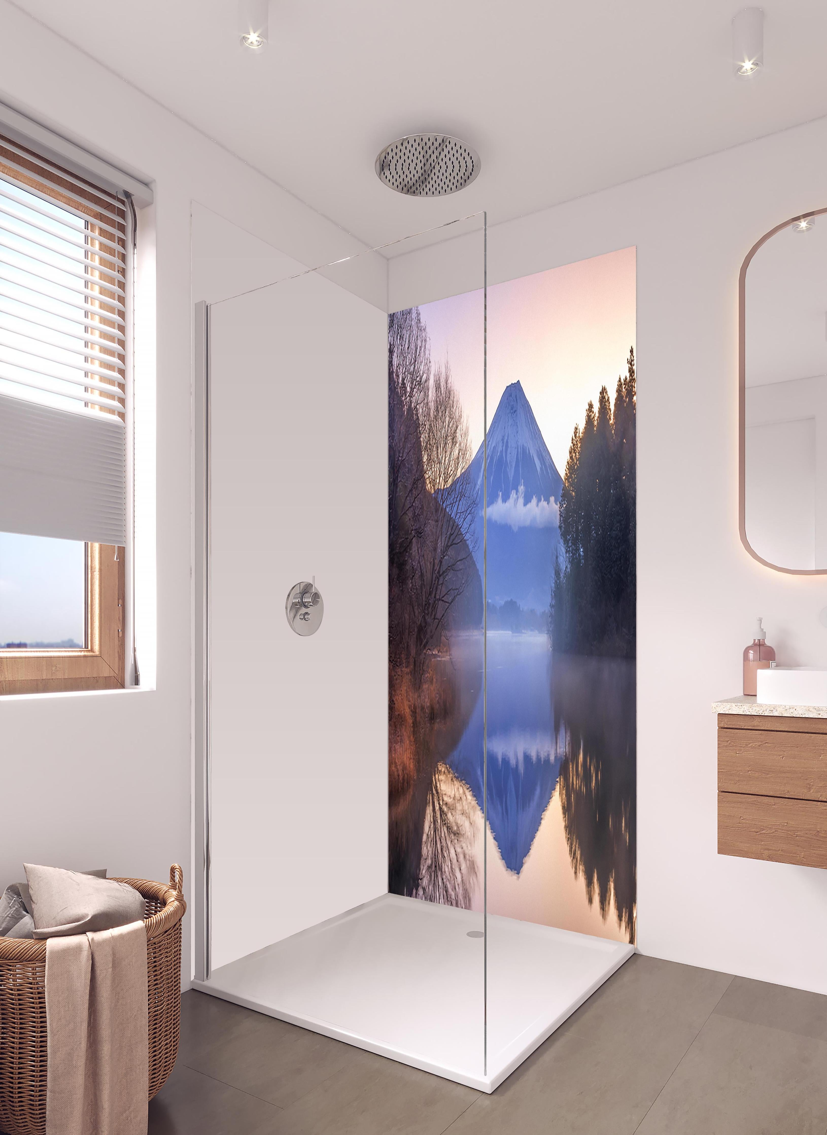 Duschrückwand - Verschneiter Mt. Fuji mit Spiegelung im See in hellem Badezimmer mit Regenduschkopf - zweiteilige Eck-Duschrückwand