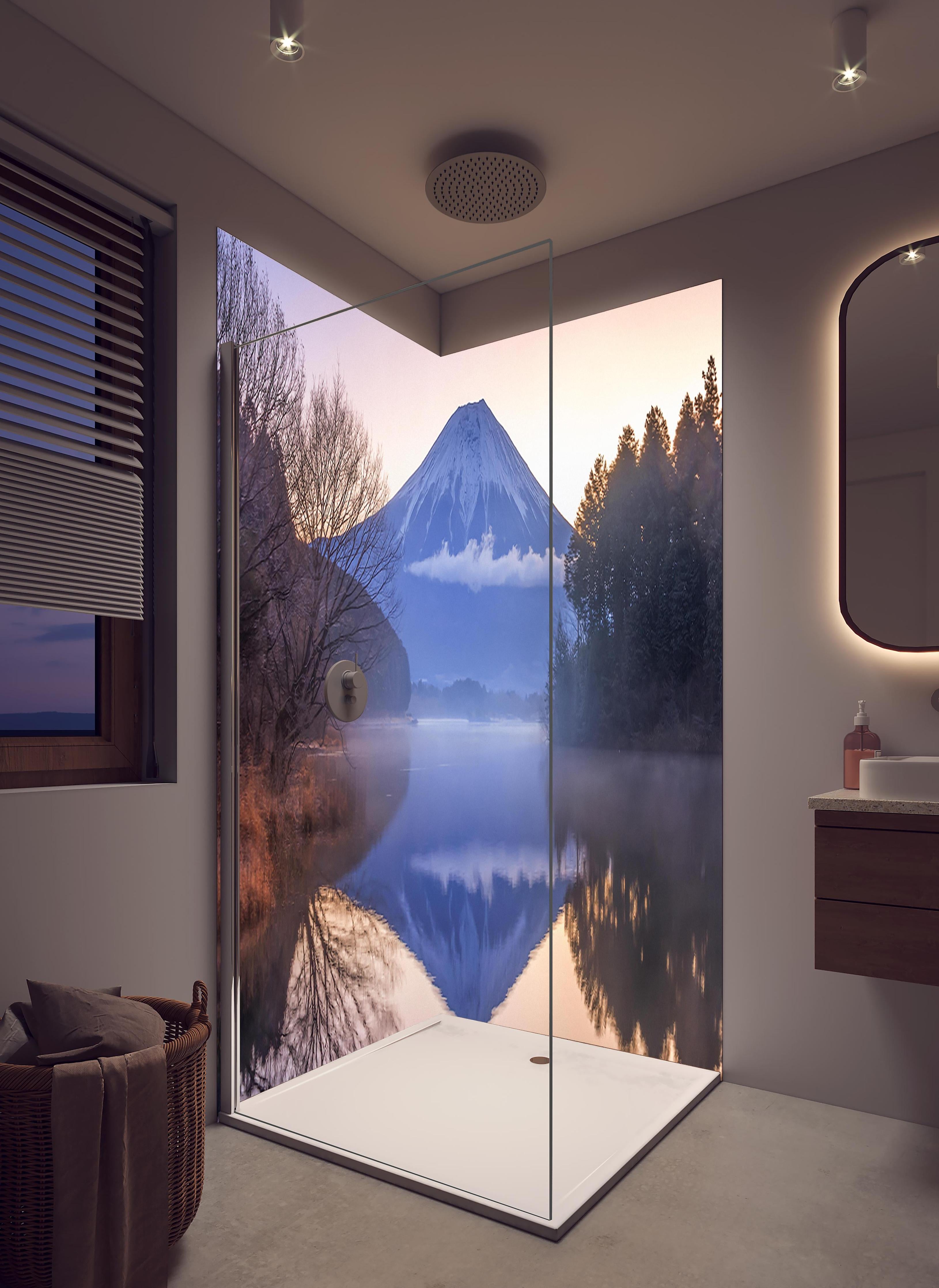 Duschrückwand - Verschneiter Mt. Fuji mit Spiegelung im See in hellem Badezimmer mit Regenduschkopf - zweiteilige Eck-Duschrückwand