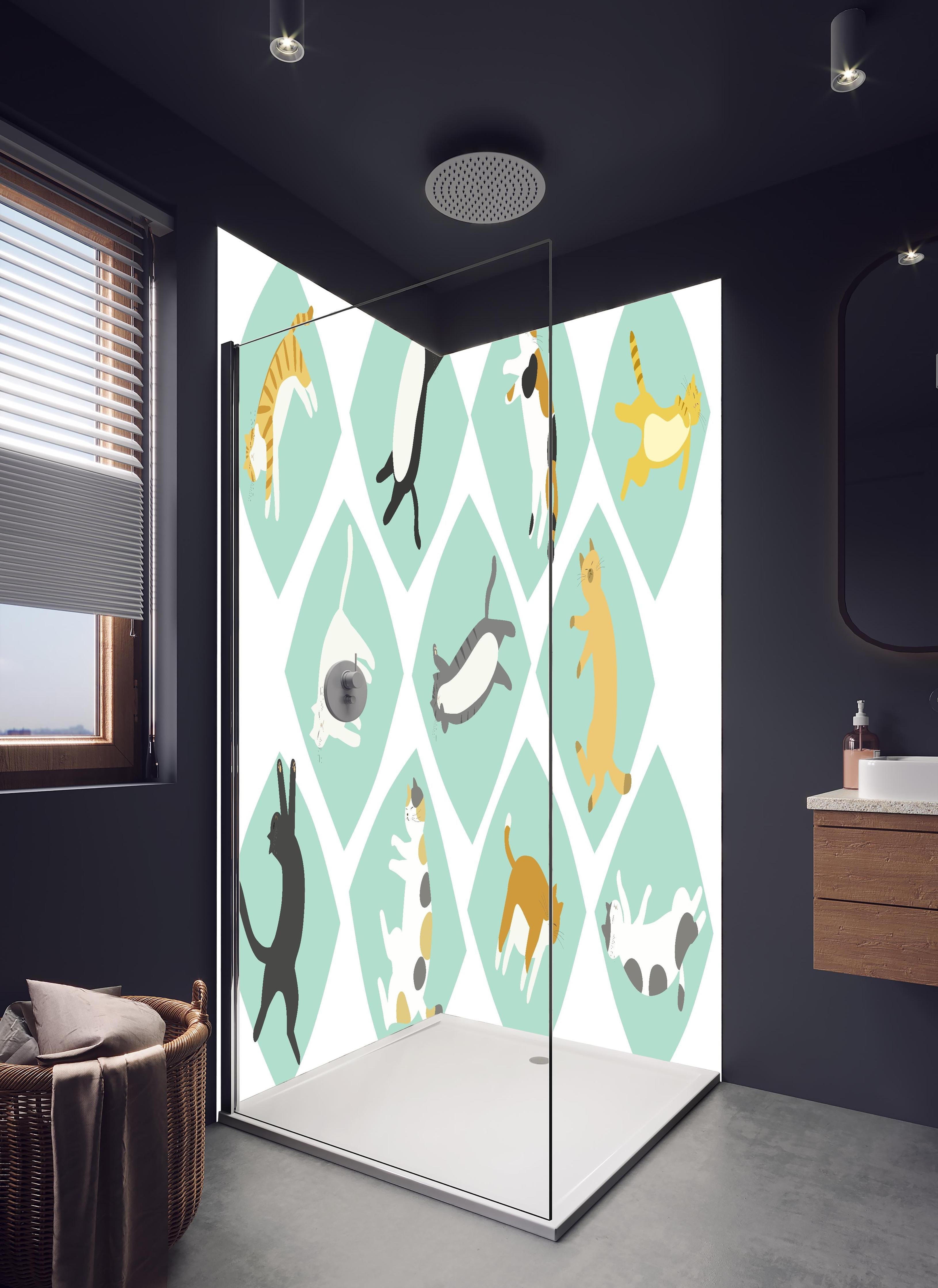 Duschrückwand - Verspielte Tierillustrationen in Pastellfarben in hellem Badezimmer mit Regenduschkopf - zweiteilige Eck-Duschrückwand