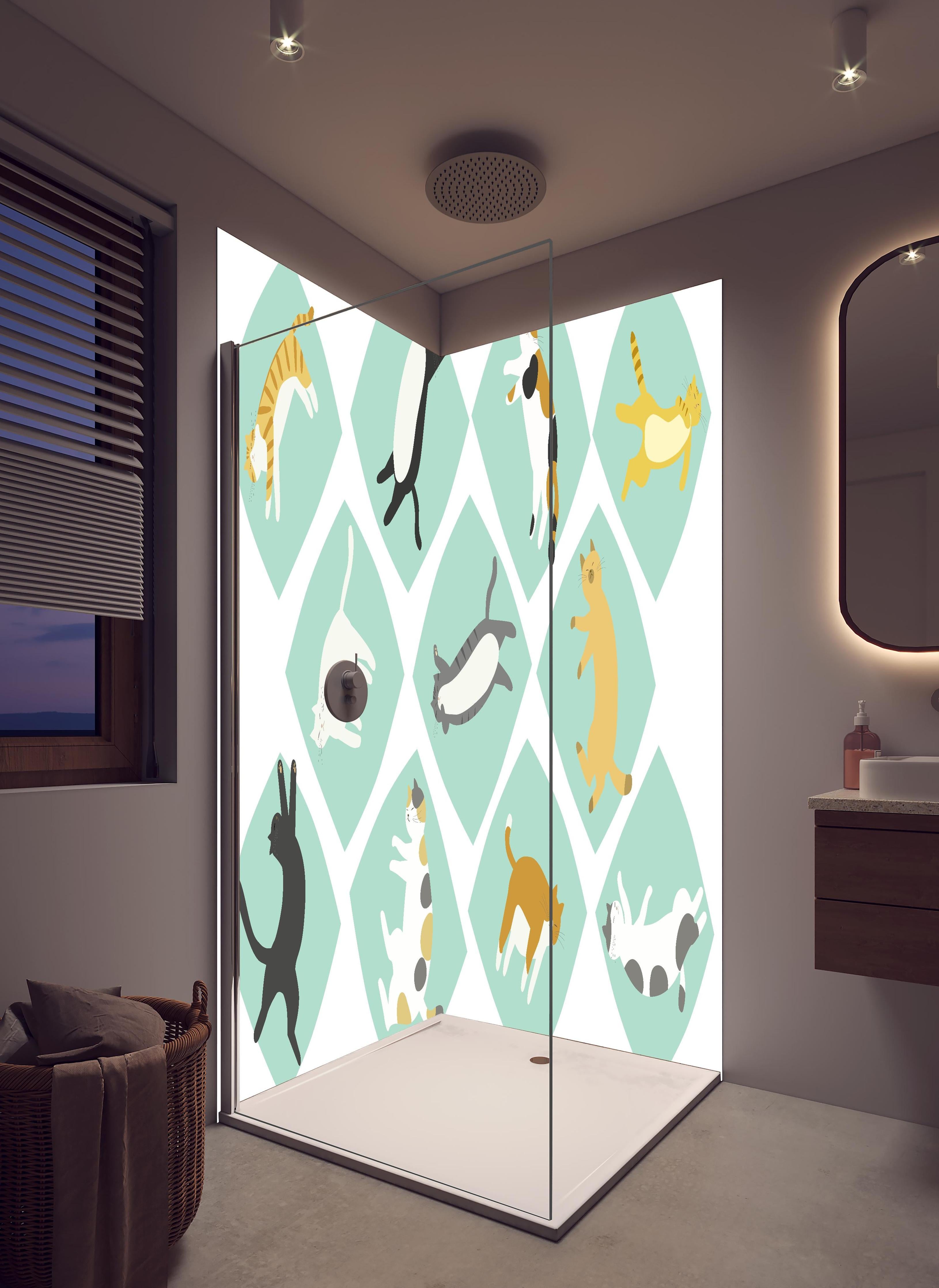 Duschrückwand - Verspielte Tierillustrationen in Pastellfarben in hellem Badezimmer mit Regenduschkopf - zweiteilige Eck-Duschrückwand