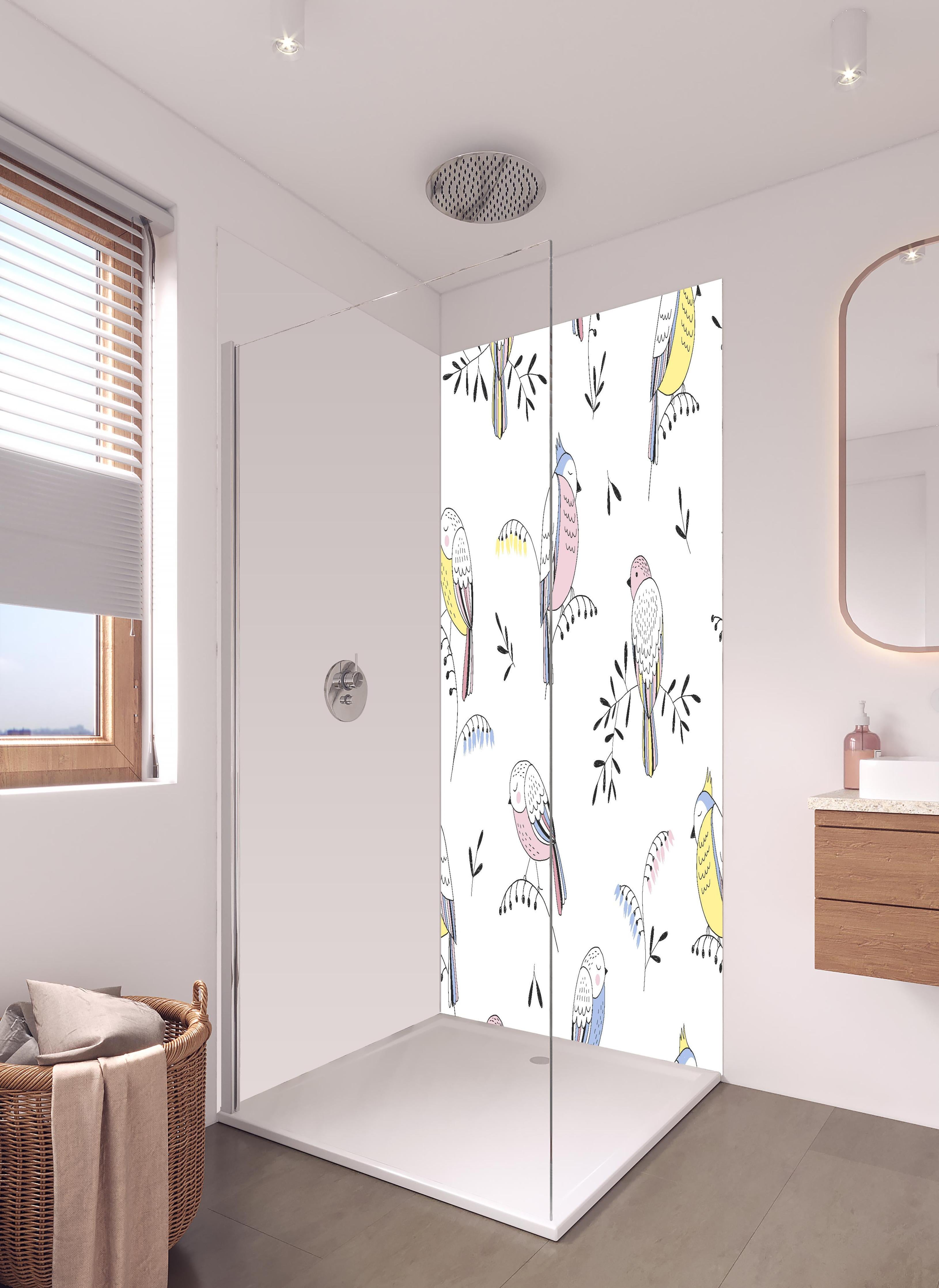 Duschrückwand - Verspielte Vögel und Pflanzen Muster Illustration in hellem Badezimmer mit Regenduschkopf - zweiteilige Eck-Duschrückwand
