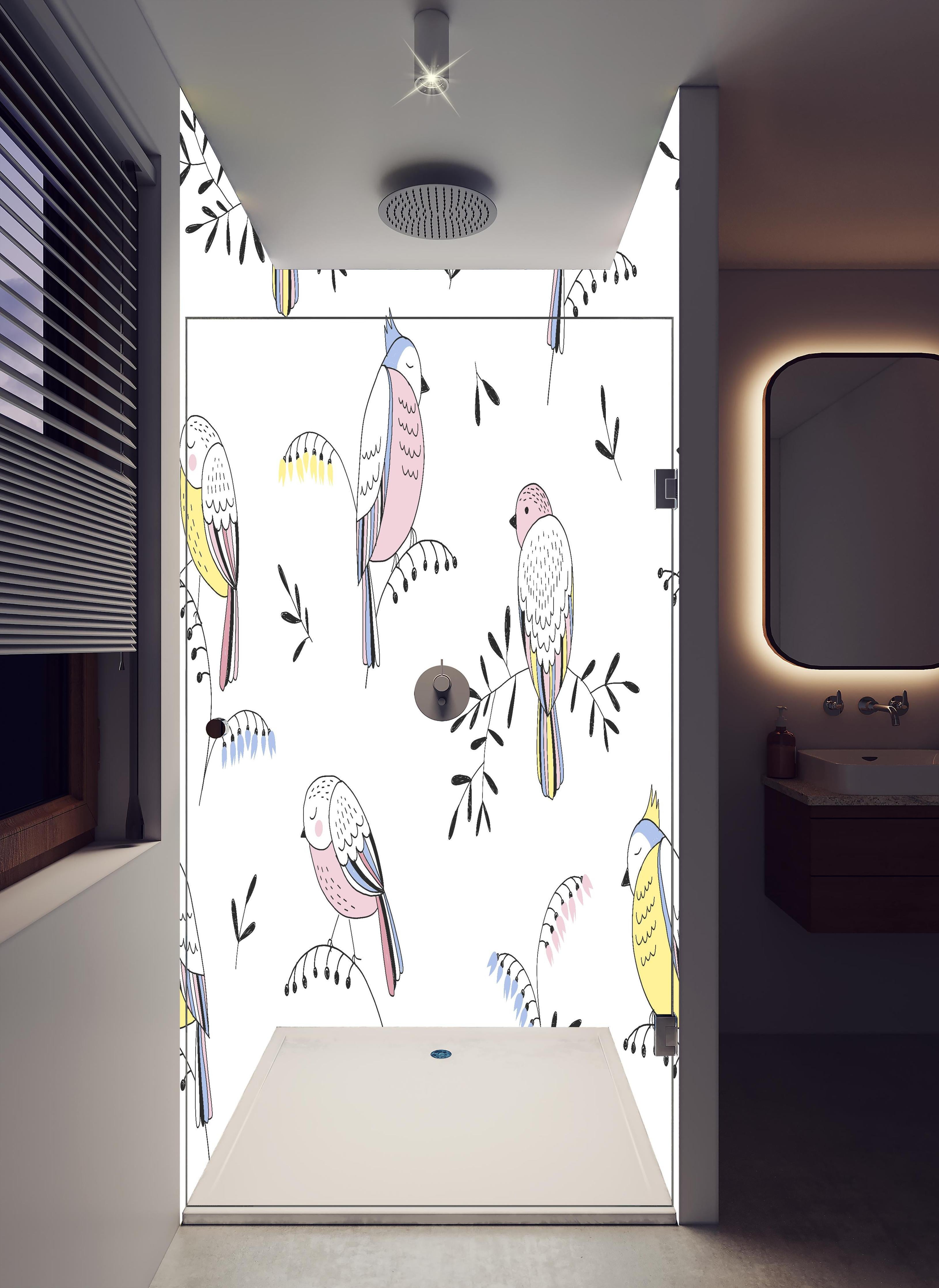 Duschrückwand - Verspielte Vögel und Pflanzen Muster Illustration in hellem Badezimmer mit Regenduschkopf - zweiteilige Eck-Duschrückwand