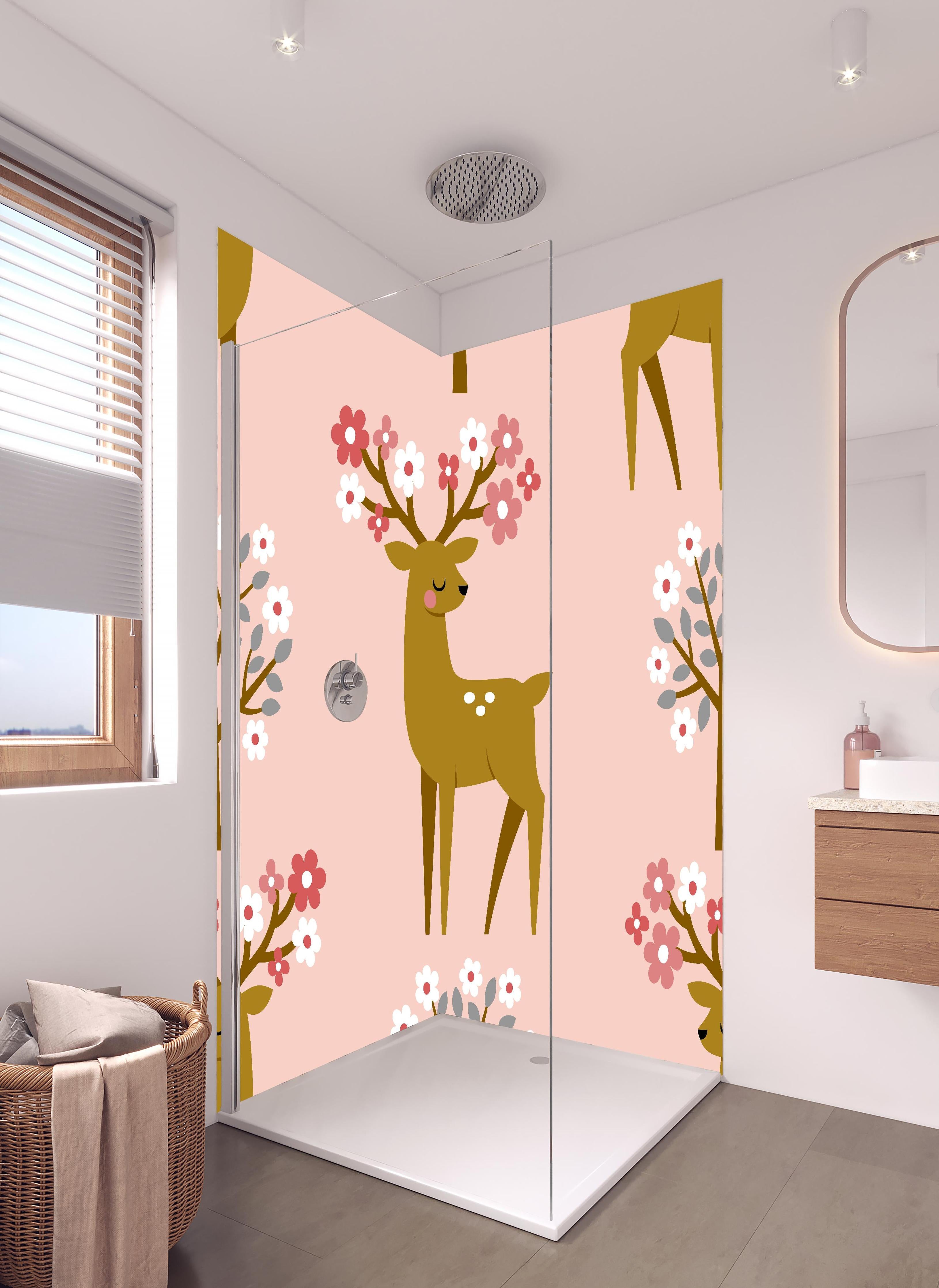 Duschrückwand - Verspielter Hirsch Blumen Musterstoff Rosa in hellem Badezimmer mit Regenduschkopf - zweiteilige Eck-Duschrückwand