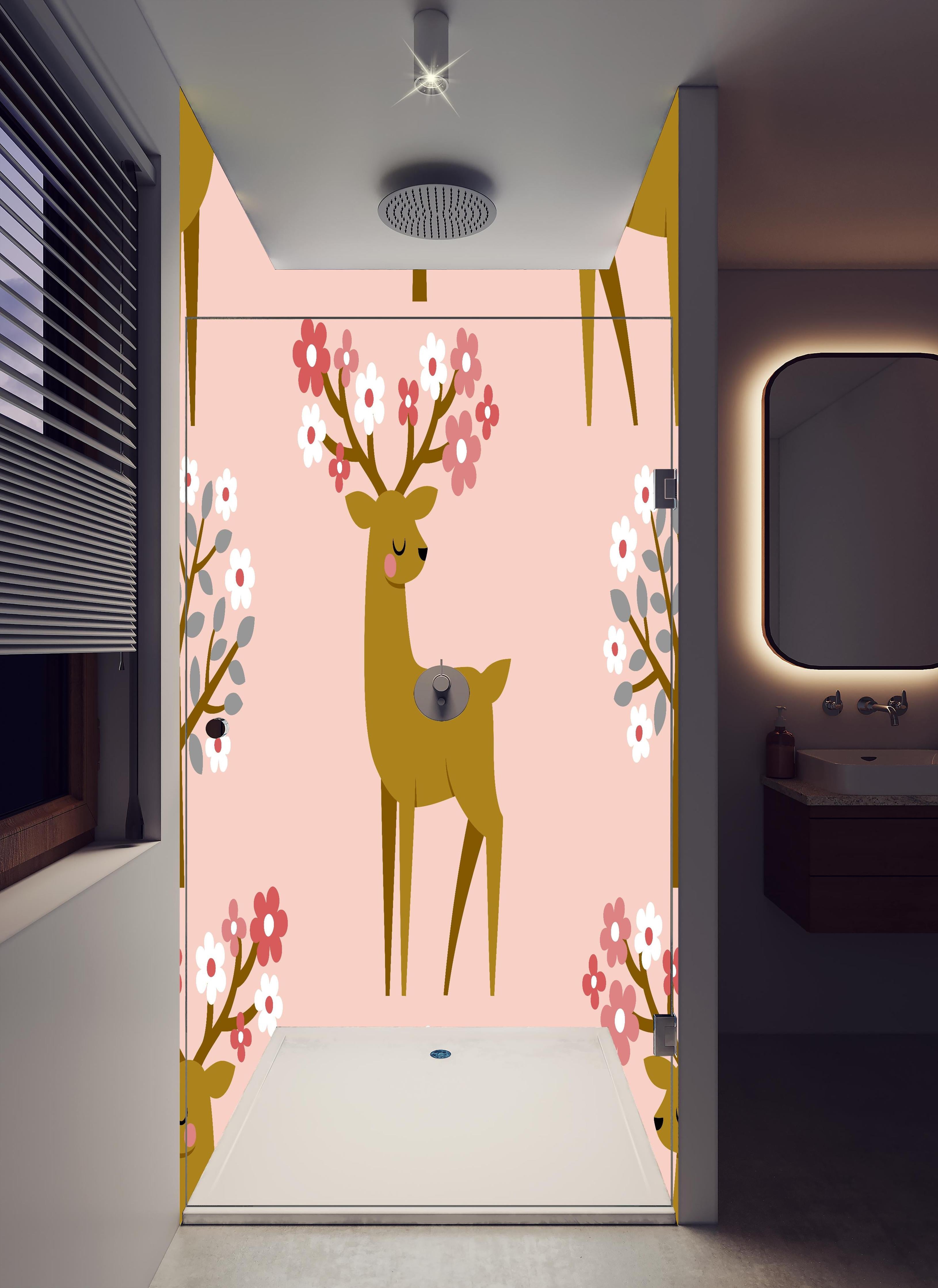 Duschrückwand - Verspielter Hirsch Blumen Musterstoff Rosa in hellem Badezimmer mit Regenduschkopf - zweiteilige Eck-Duschrückwand