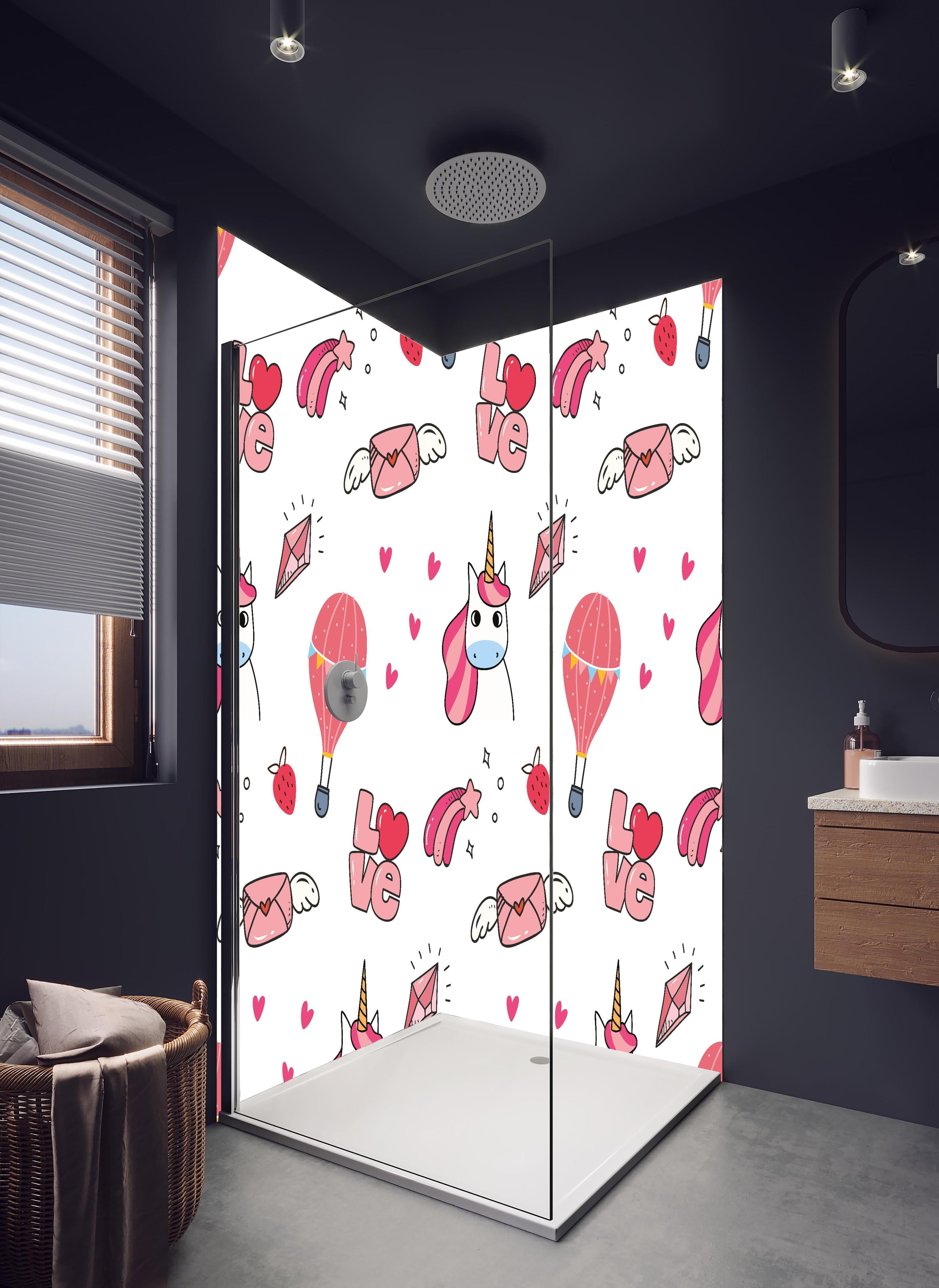 Duschrückwand - Verspieltes Einhorn und Herz Musterdesign in hellem Badezimmer mit Regenduschkopf - zweiteilige Eck-Duschrückwand
