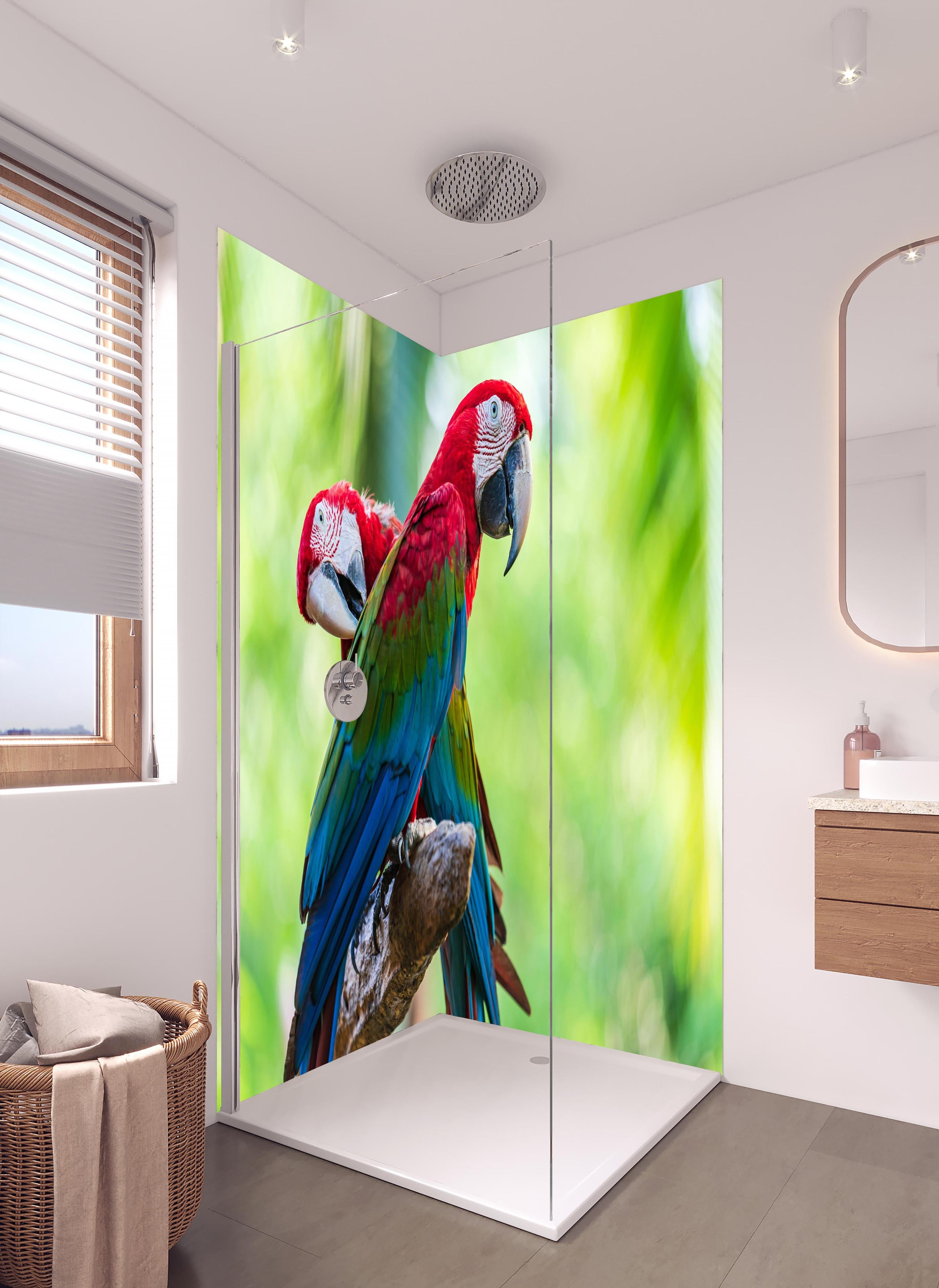 Duschrückwand - Verspieltes Papagei Paar auf Ast in hellem Badezimmer mit Regenduschkopf - zweiteilige Eck-Duschrückwand