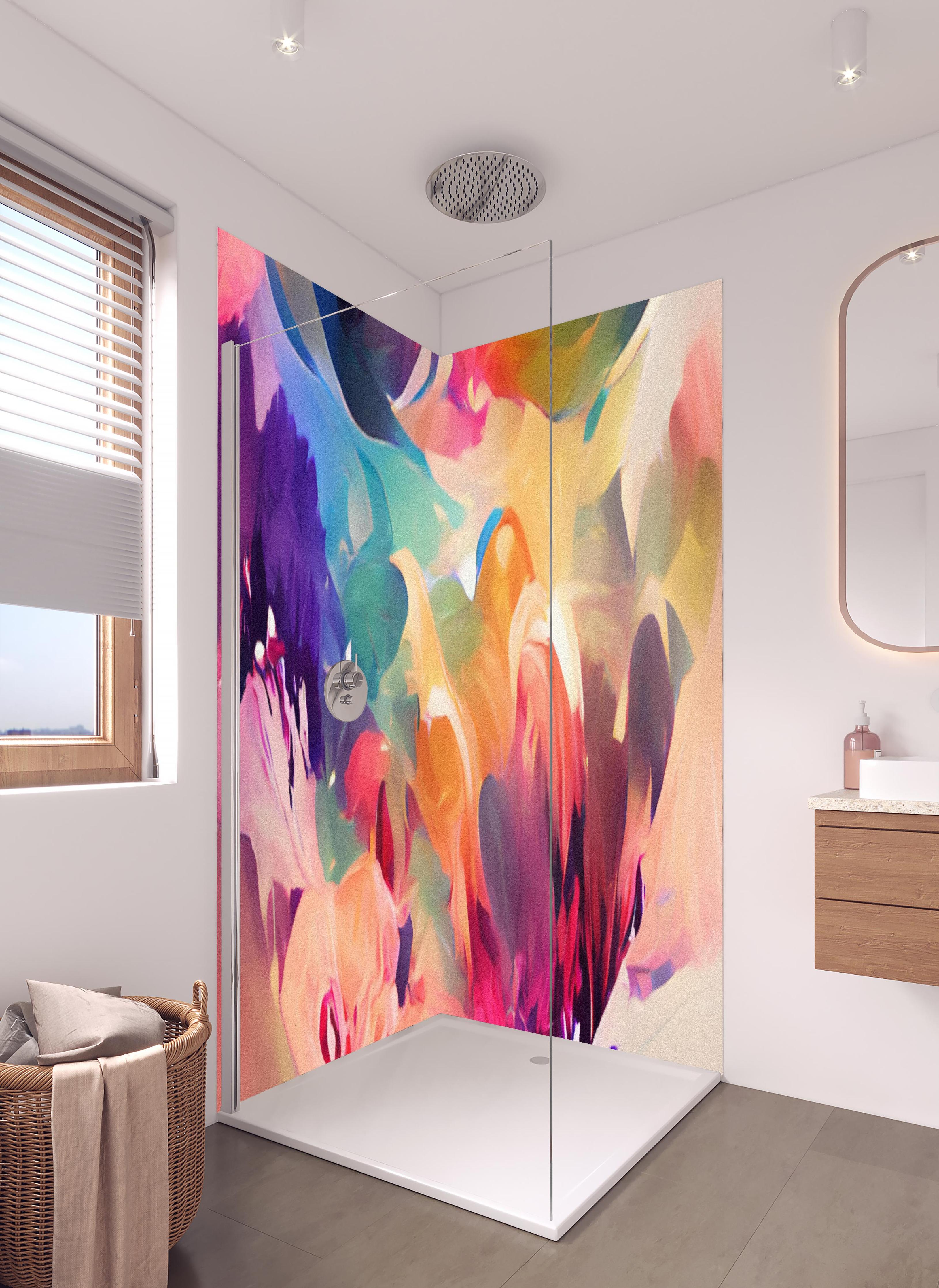 Duschrückwand - Vibrante Abstrakte Farbkunst Kreation in hellem Badezimmer mit Regenduschkopf - zweiteilige Eck-Duschrückwand