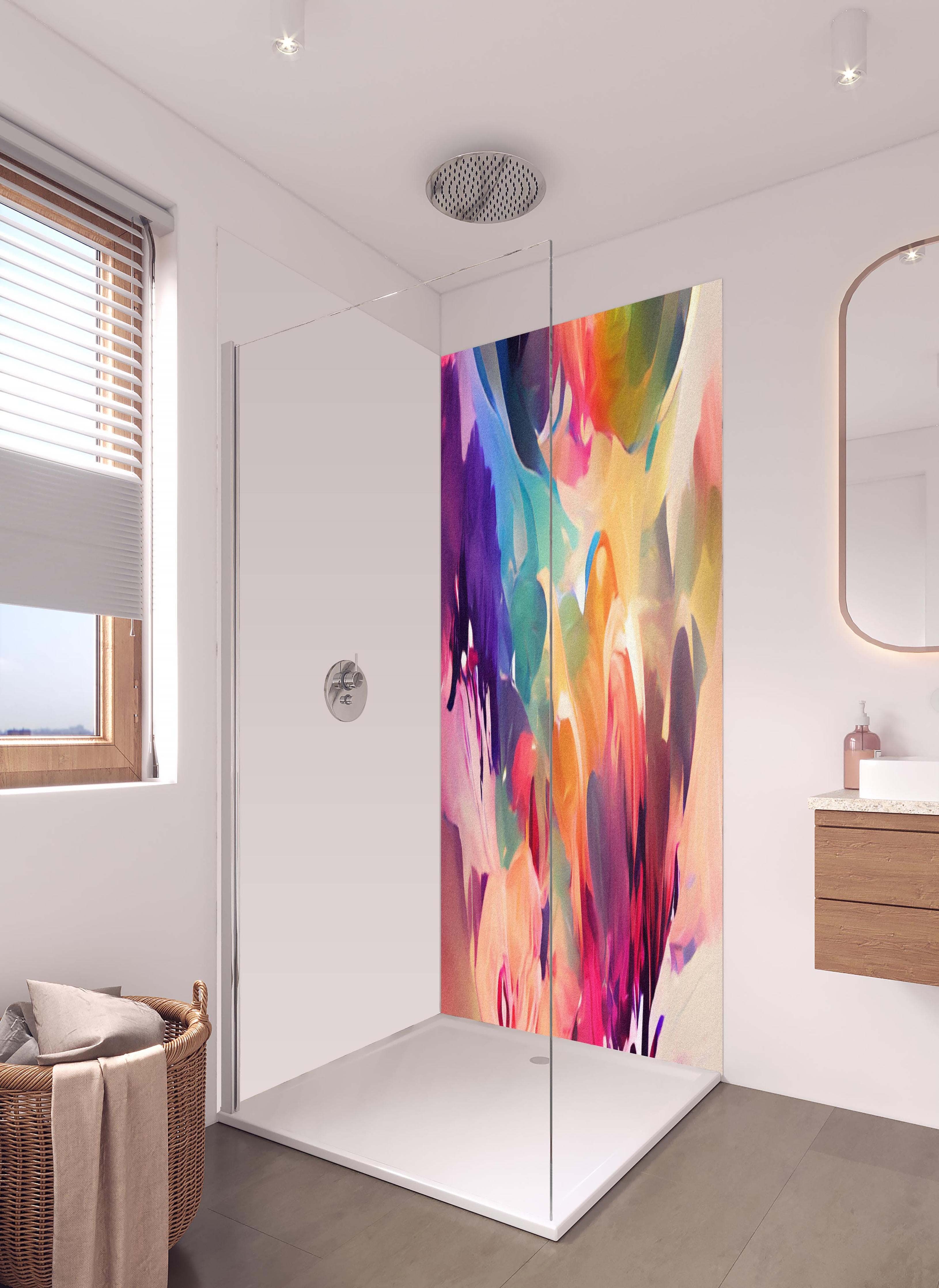 Duschrückwand - Vibrante Abstrakte Farbkunst Kreation in hellem Badezimmer mit Regenduschkopf - zweiteilige Eck-Duschrückwand