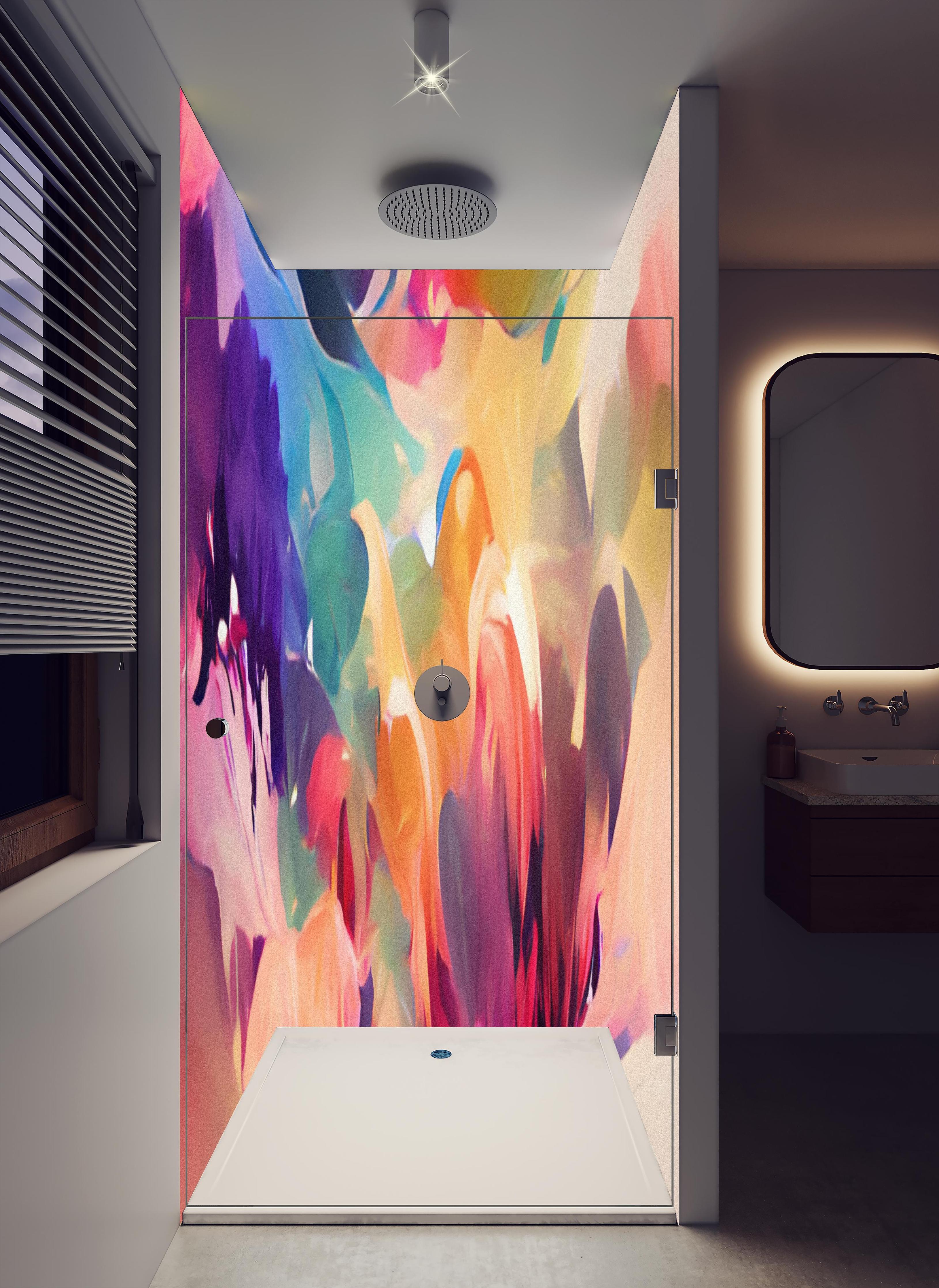 Duschrückwand - Vibrante Abstrakte Farbkunst Kreation in hellem Badezimmer mit Regenduschkopf - zweiteilige Eck-Duschrückwand