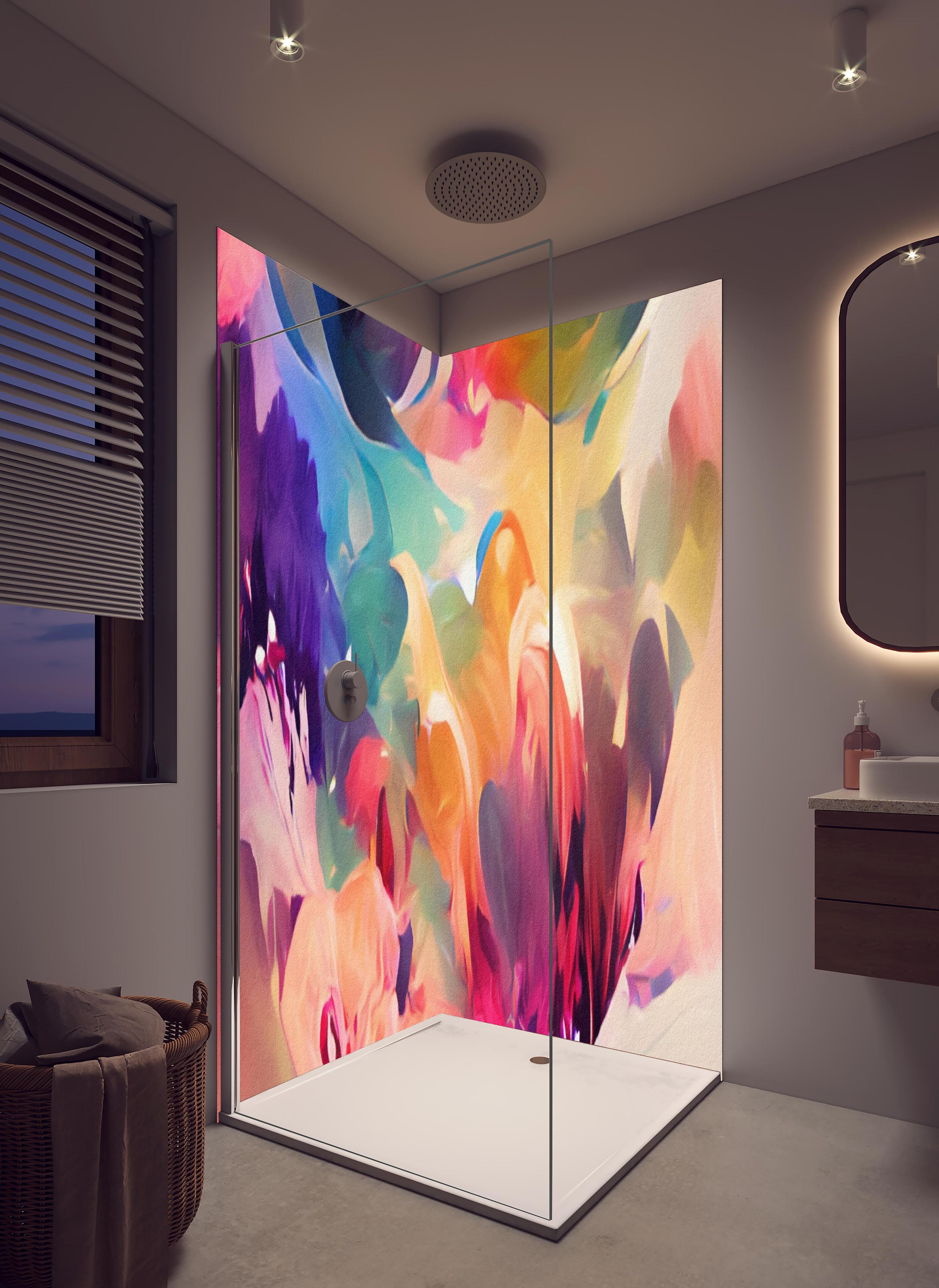 Duschrückwand - Vibrante Abstrakte Farbkunst Kreation in hellem Badezimmer mit Regenduschkopf - zweiteilige Eck-Duschrückwand