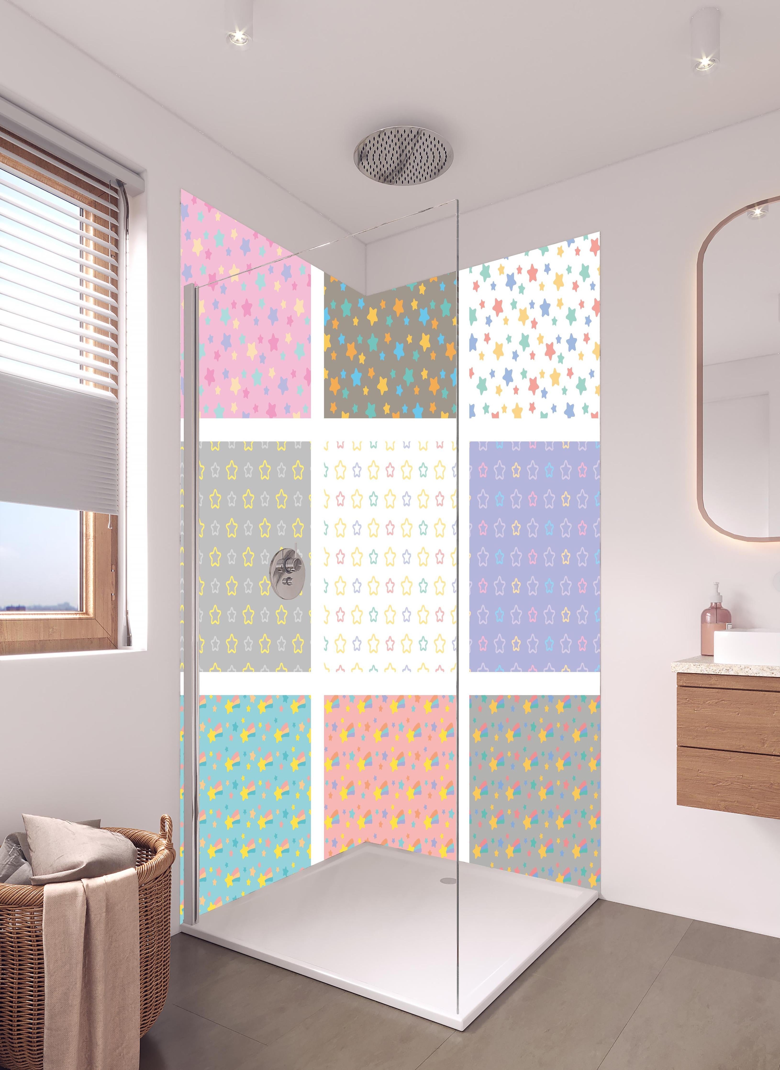 Duschrückwand - Vielseitige bunte Sternenmuster Kollektion in hellem Badezimmer mit Regenduschkopf - zweiteilige Eck-Duschrückwand