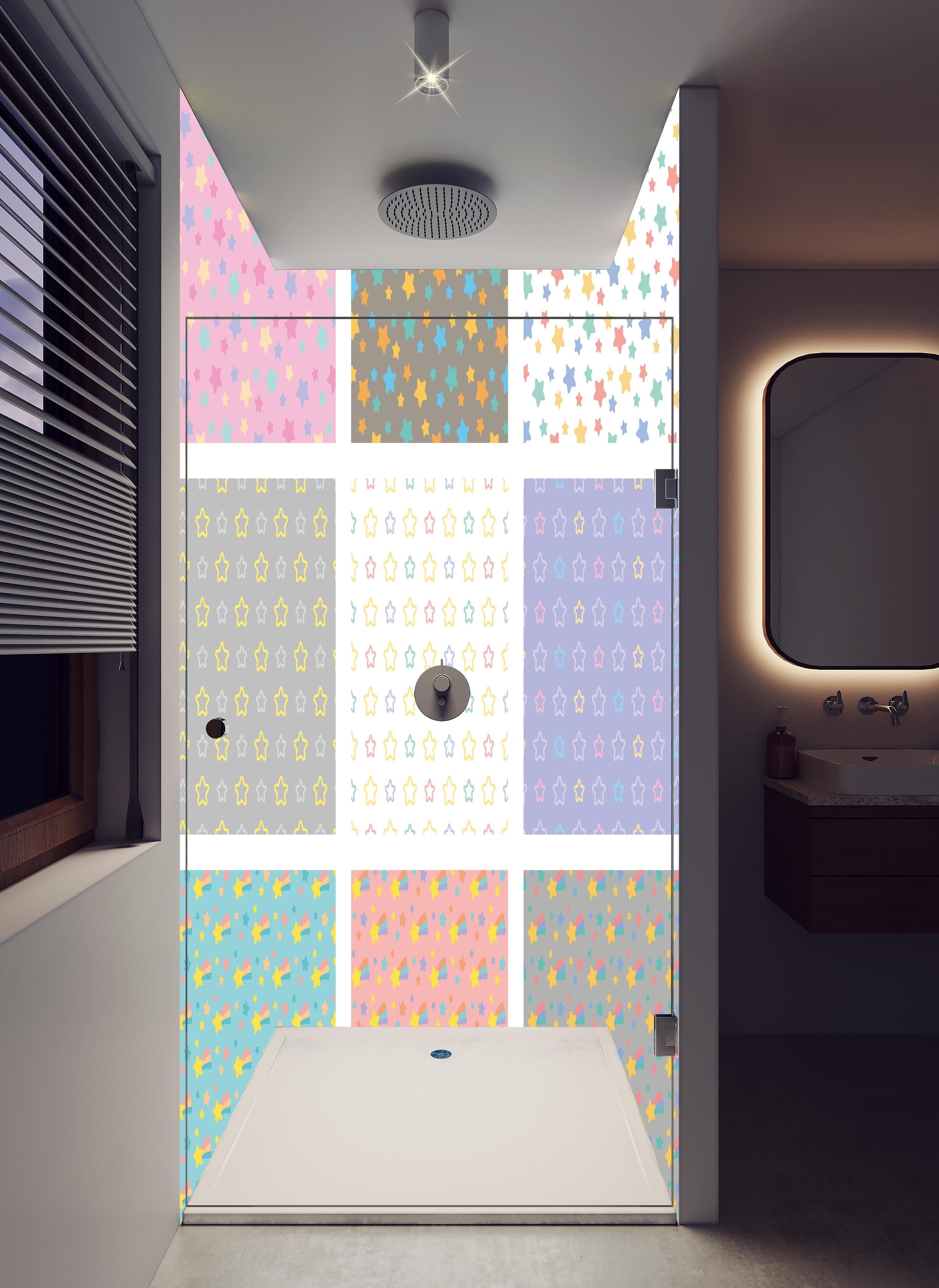 Duschrückwand - Vielseitige bunte Sternenmuster Kollektion in hellem Badezimmer mit Regenduschkopf - zweiteilige Eck-Duschrückwand