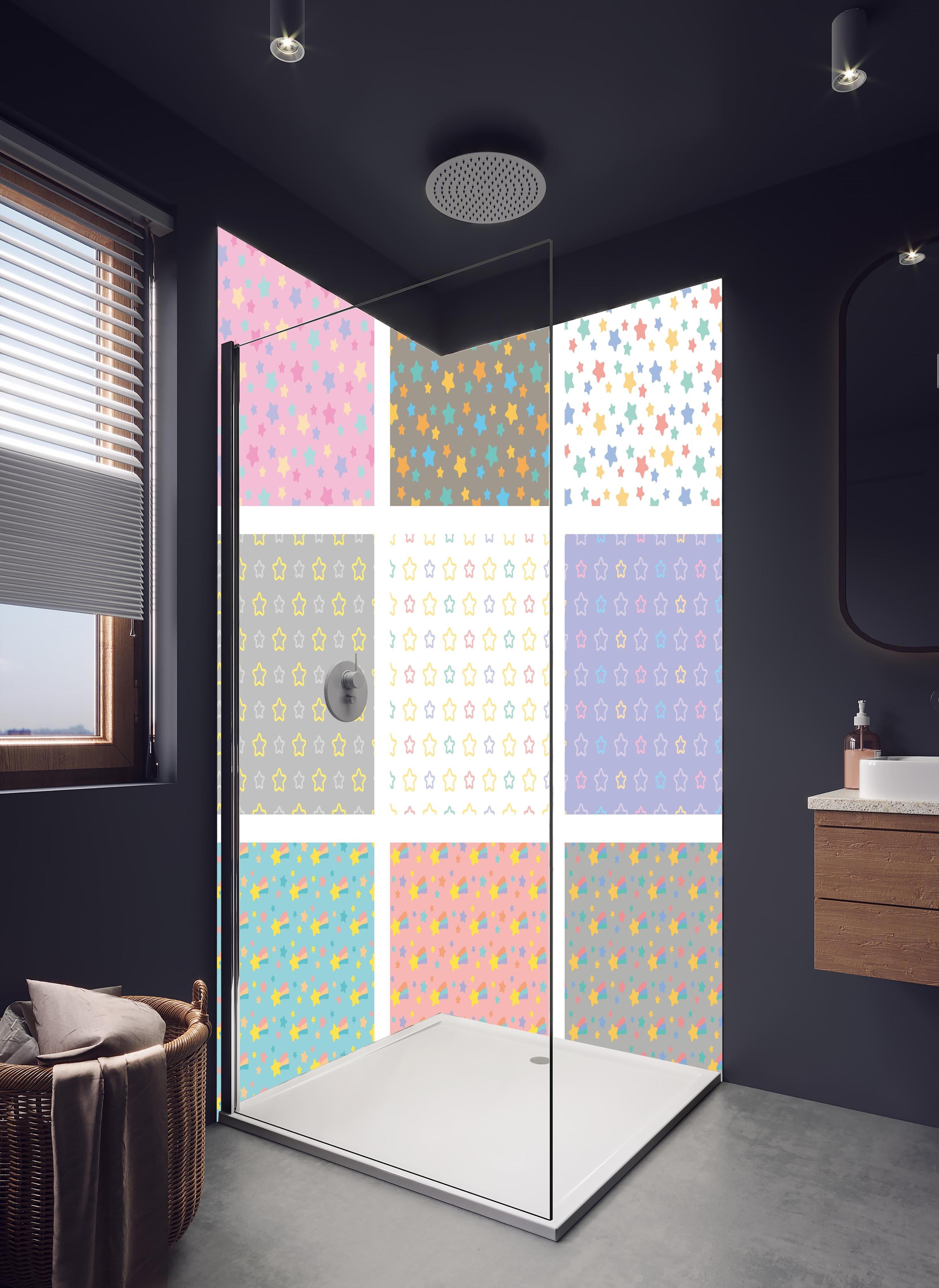 Duschrückwand - Vielseitige bunte Sternenmuster Kollektion in hellem Badezimmer mit Regenduschkopf - zweiteilige Eck-Duschrückwand