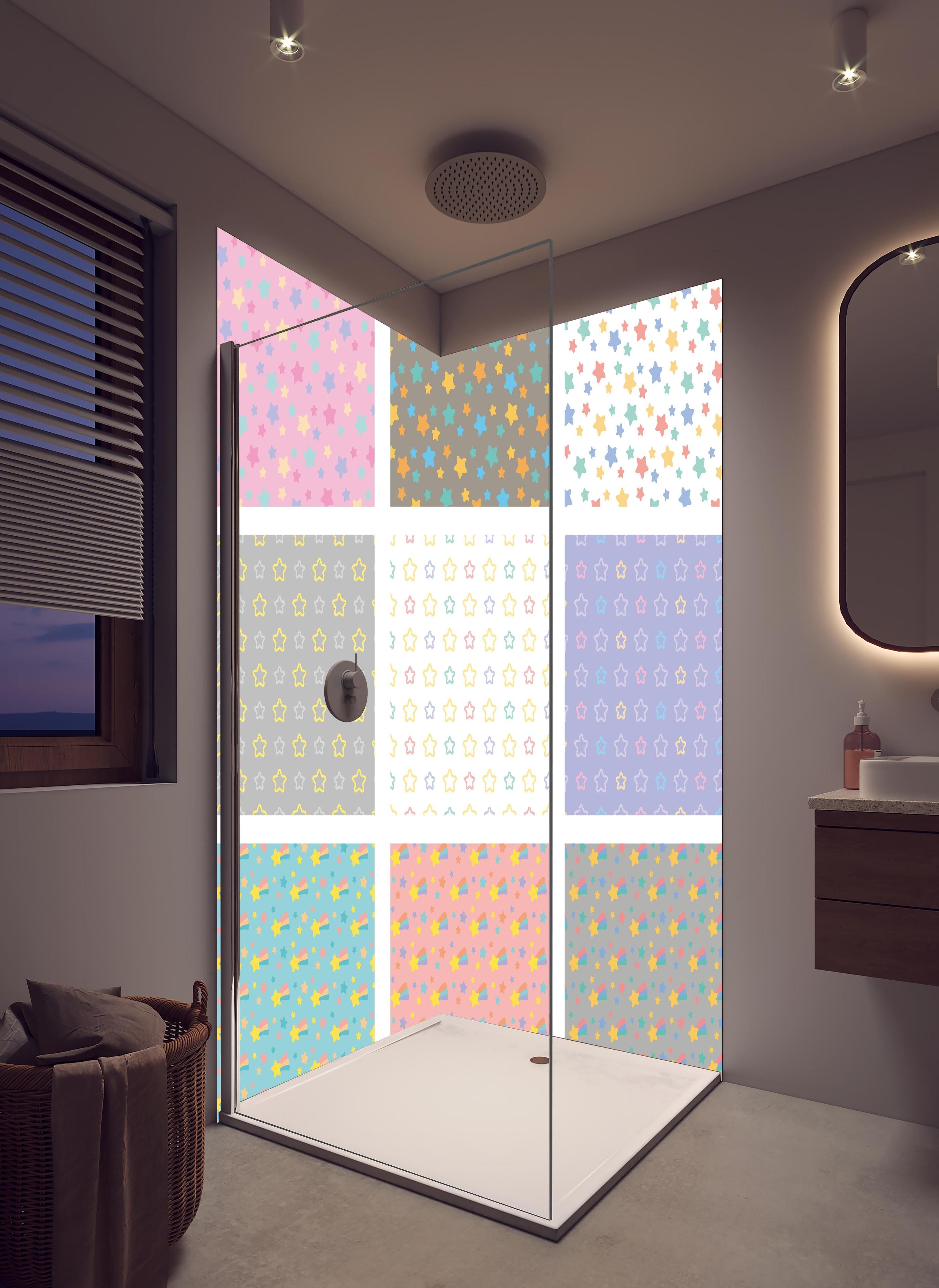 Duschrückwand - Vielseitige bunte Sternenmuster Kollektion in hellem Badezimmer mit Regenduschkopf - zweiteilige Eck-Duschrückwand