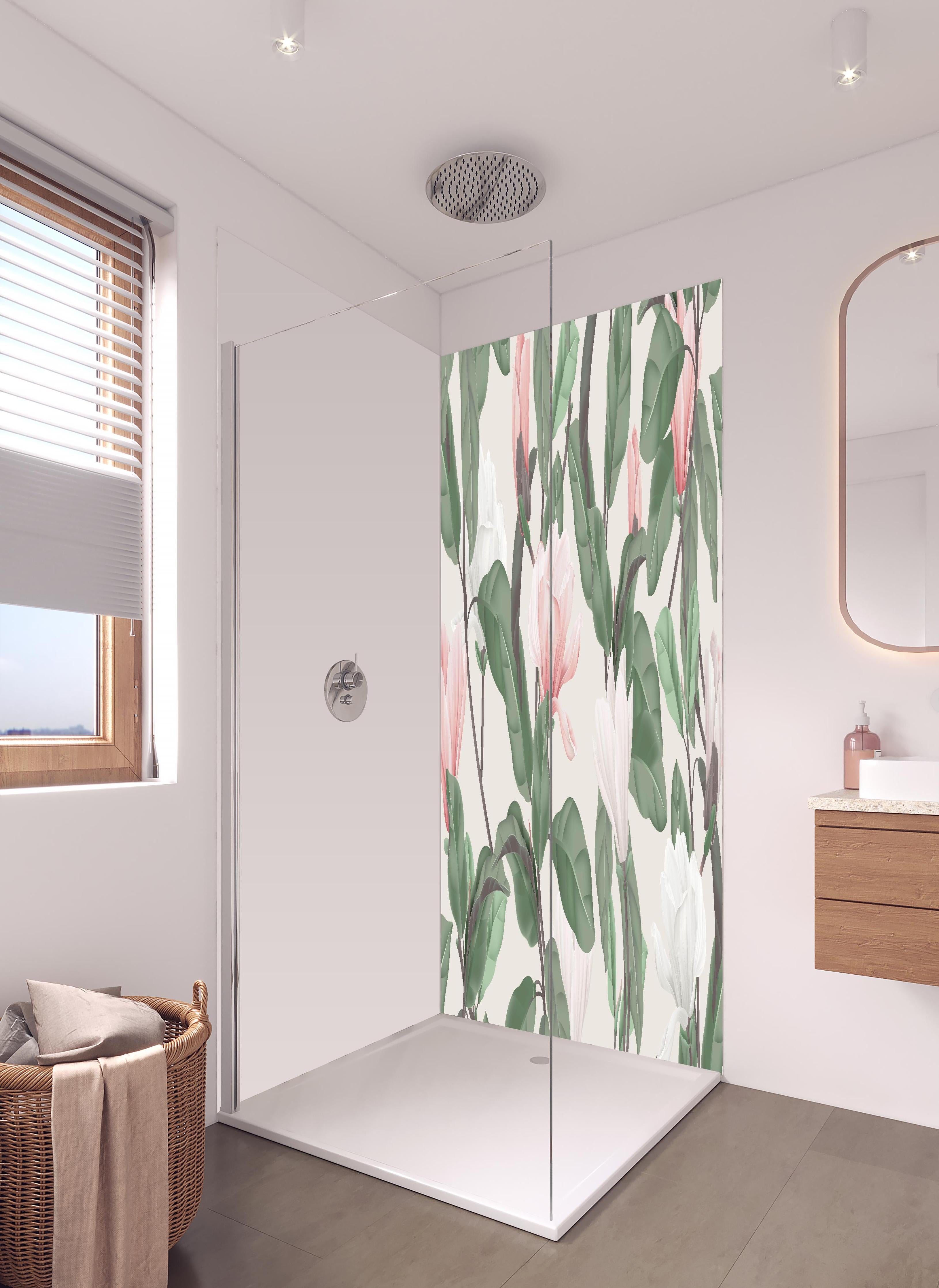Duschrückwand - Vintage Anise Magnolia Blumenmuster Pastell in hellem Badezimmer mit Regenduschkopf - zweiteilige Eck-Duschrückwand