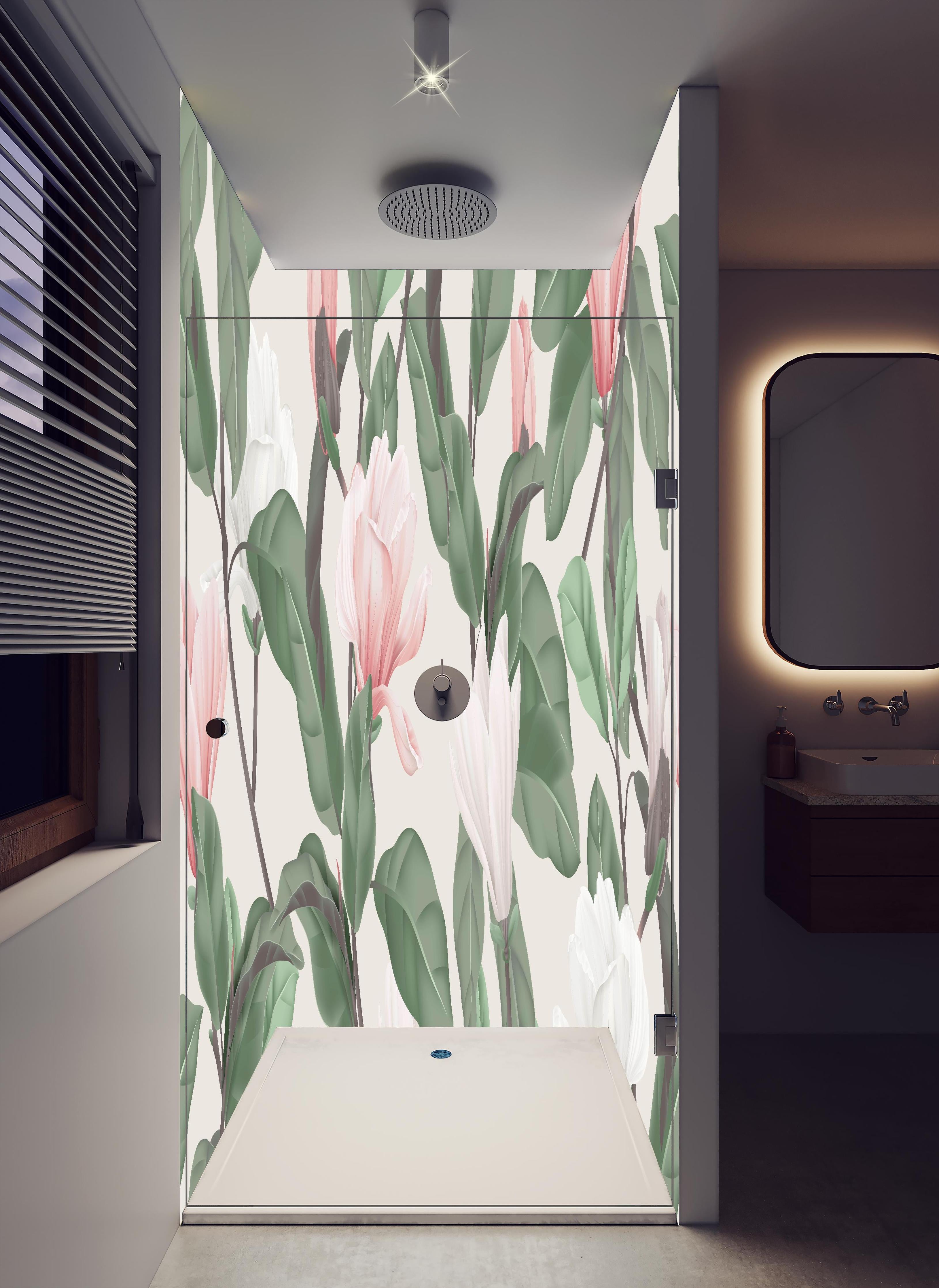 Duschrückwand - Vintage Anise Magnolia Blumenmuster Pastell in hellem Badezimmer mit Regenduschkopf - zweiteilige Eck-Duschrückwand