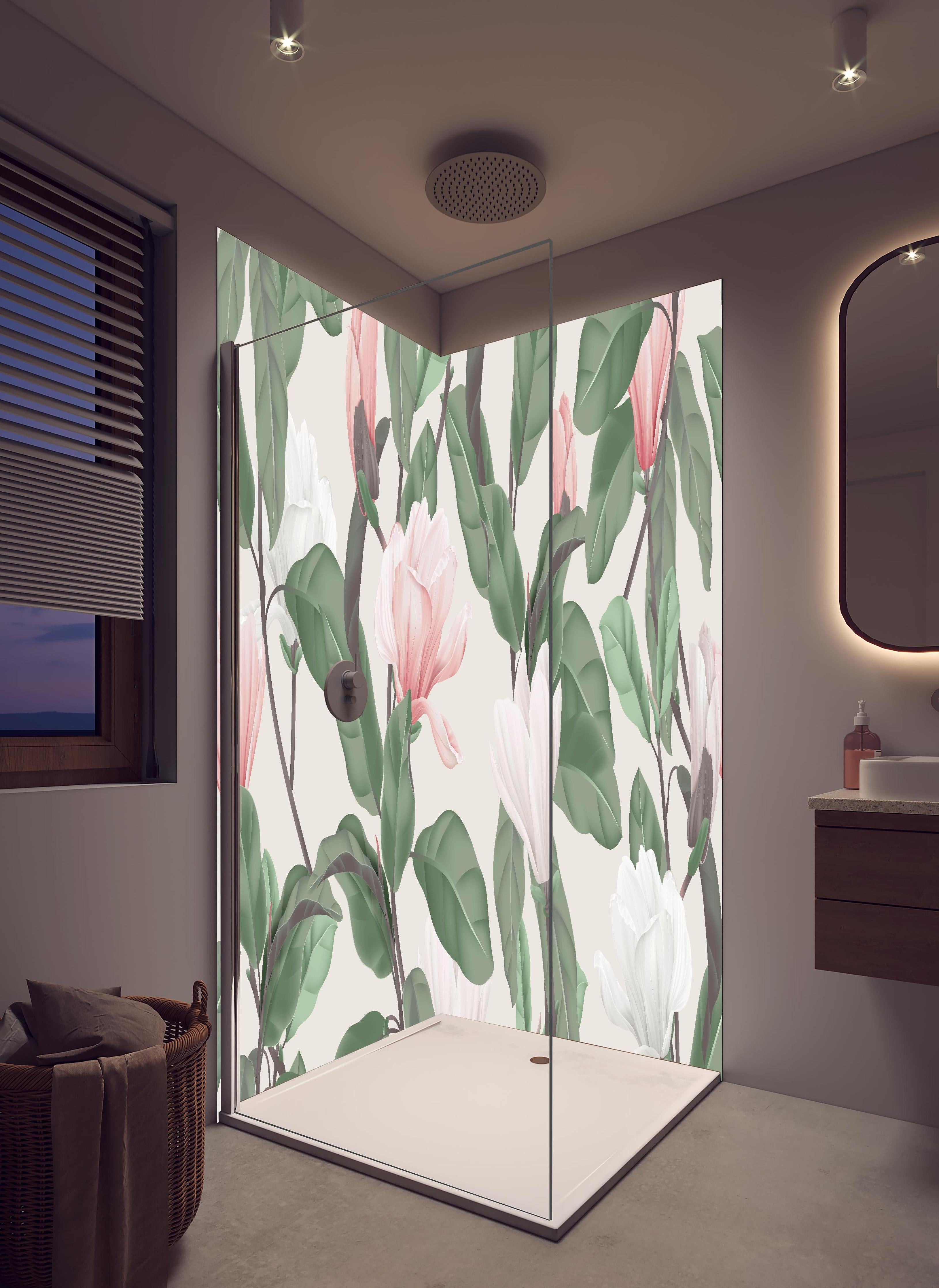 Duschrückwand - Vintage Anise Magnolia Blumenmuster Pastell in hellem Badezimmer mit Regenduschkopf - zweiteilige Eck-Duschrückwand