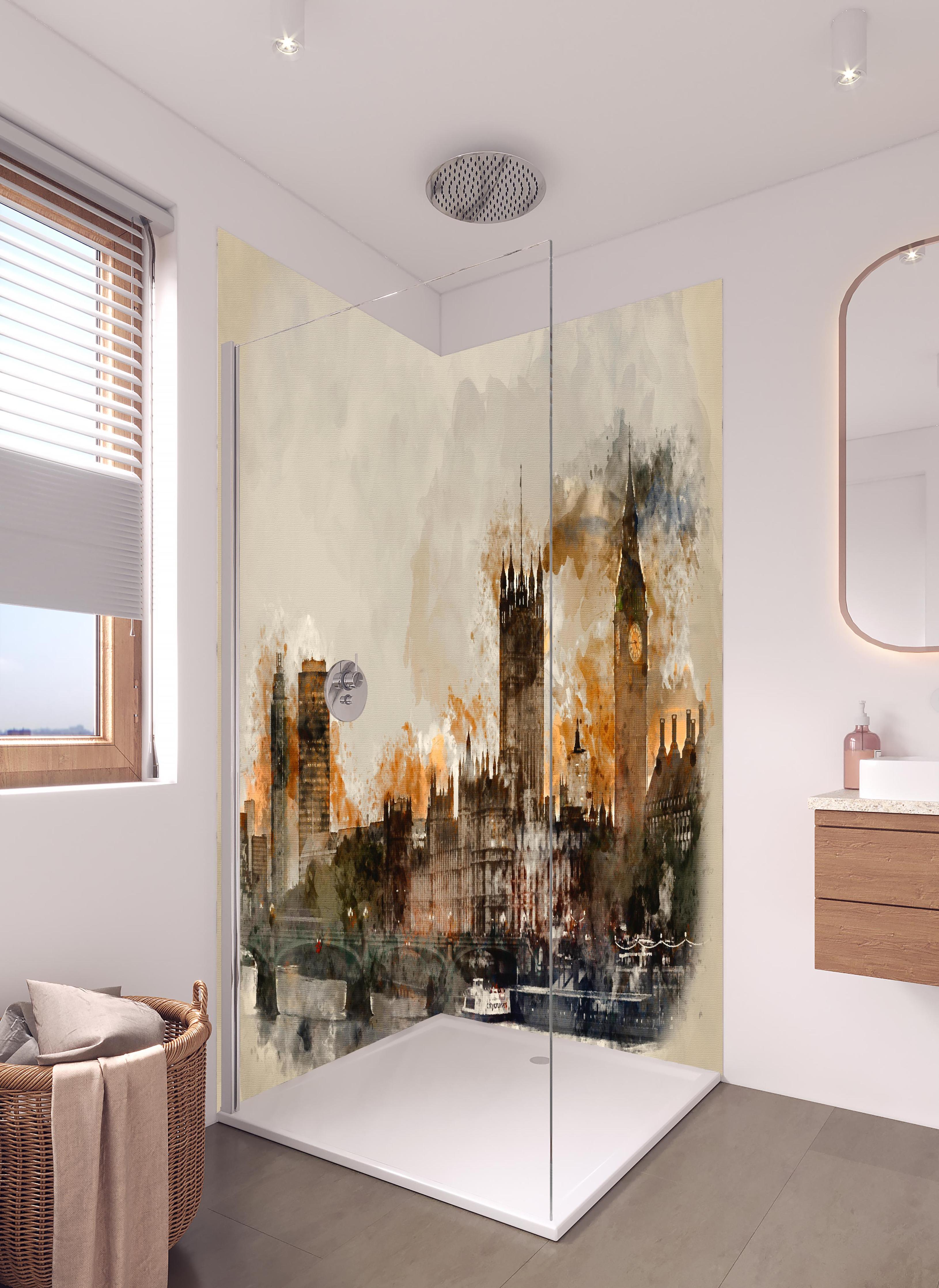Duschrückwand - Vintage Aquarell von London in hellem Badezimmer mit Regenduschkopf - zweiteilige Eck-Duschrückwand