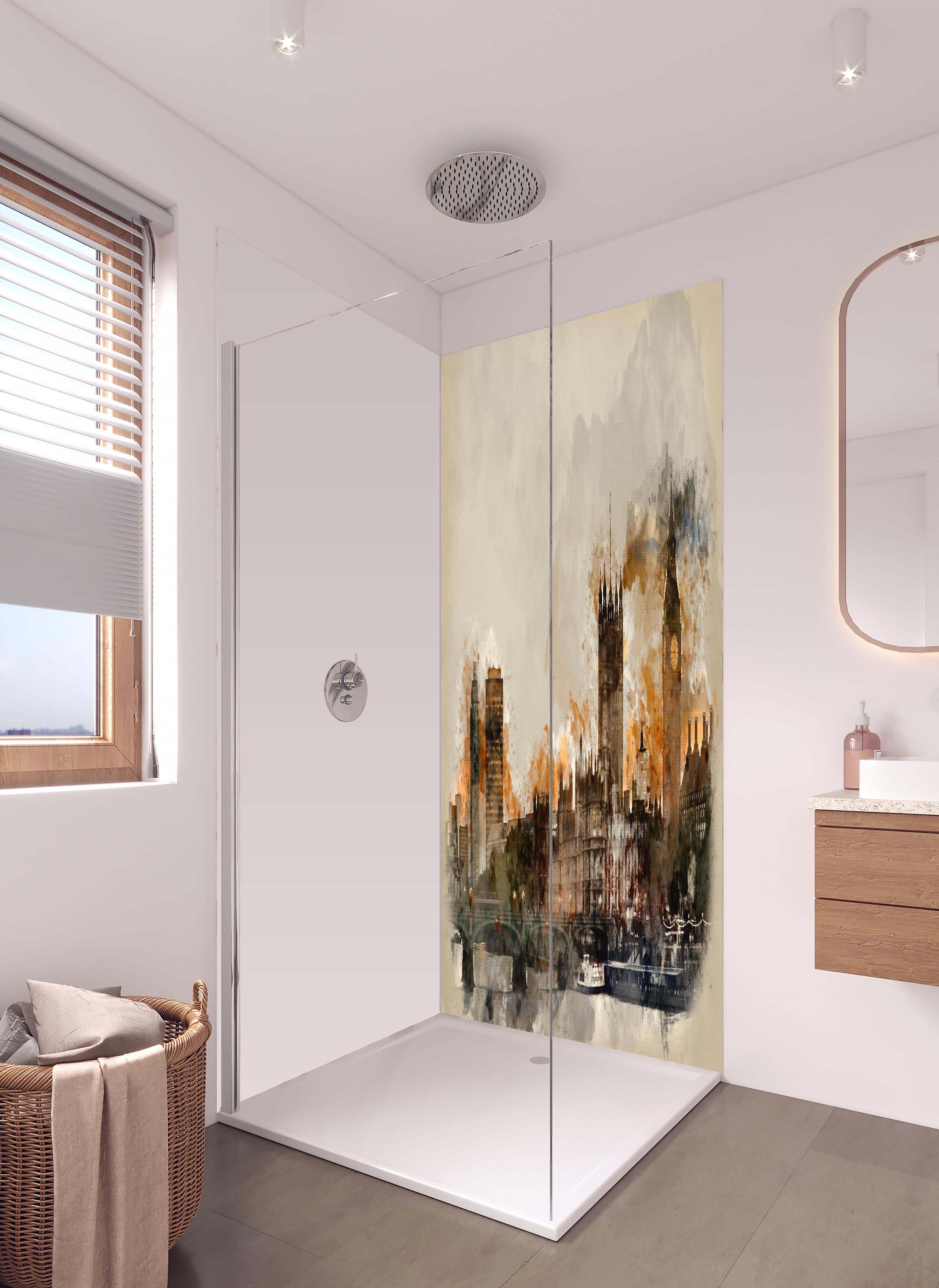 Duschrückwand - Vintage Aquarell von London in hellem Badezimmer mit Regenduschkopf - zweiteilige Eck-Duschrückwand