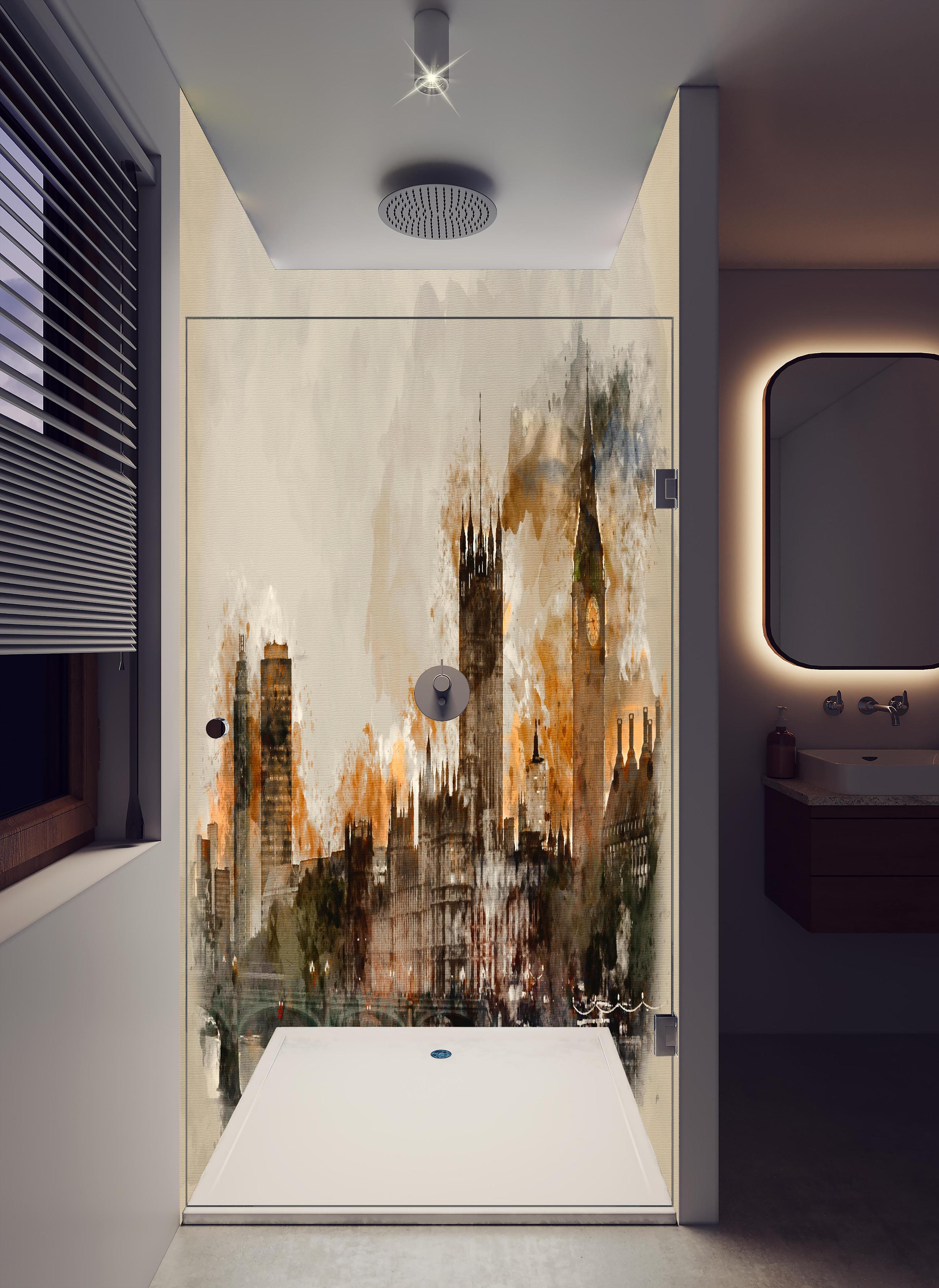 Duschrückwand - Vintage Aquarell von London in hellem Badezimmer mit Regenduschkopf - zweiteilige Eck-Duschrückwand