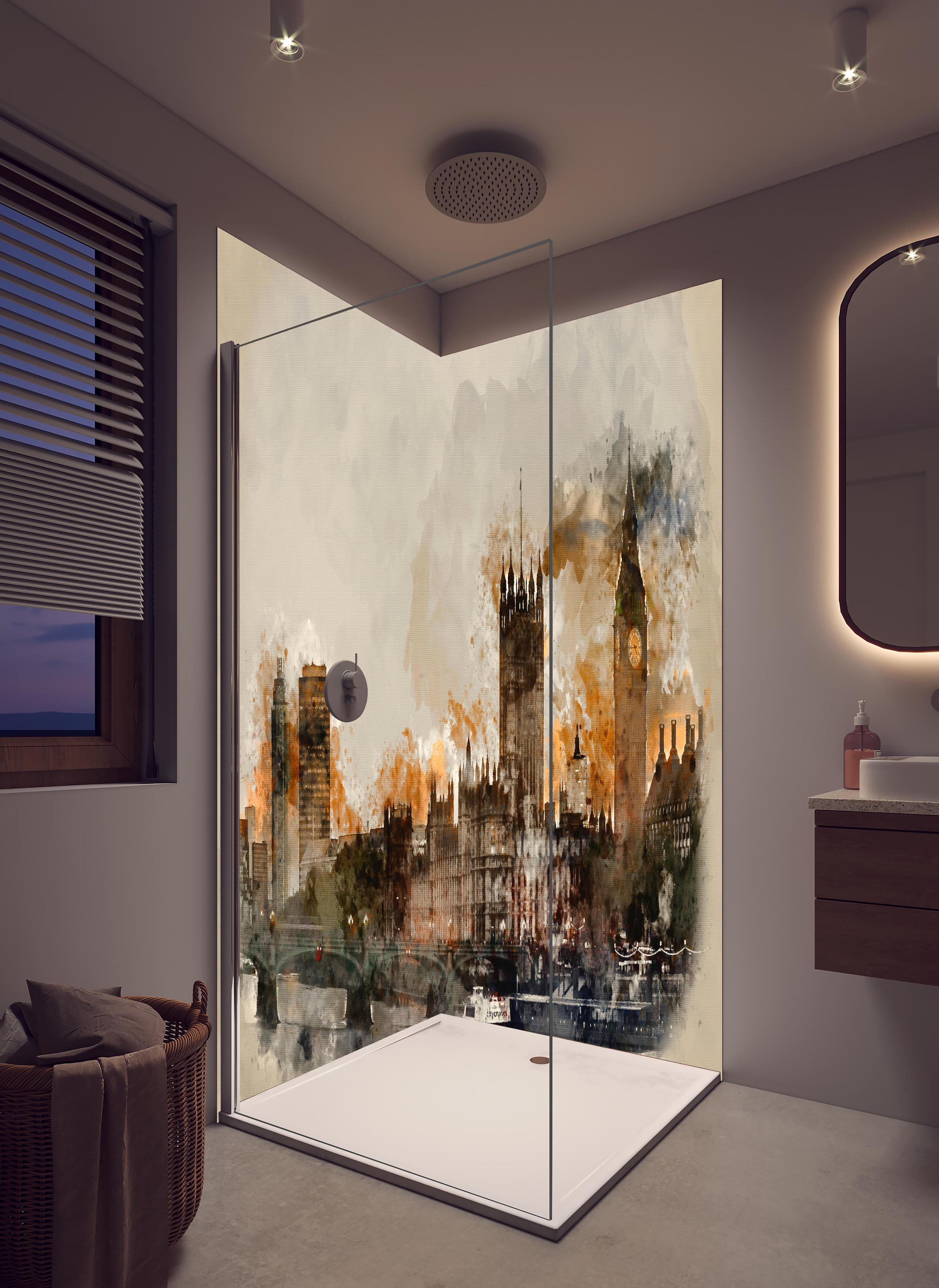 Duschrückwand - Vintage Aquarell von London in hellem Badezimmer mit Regenduschkopf - zweiteilige Eck-Duschrückwand
