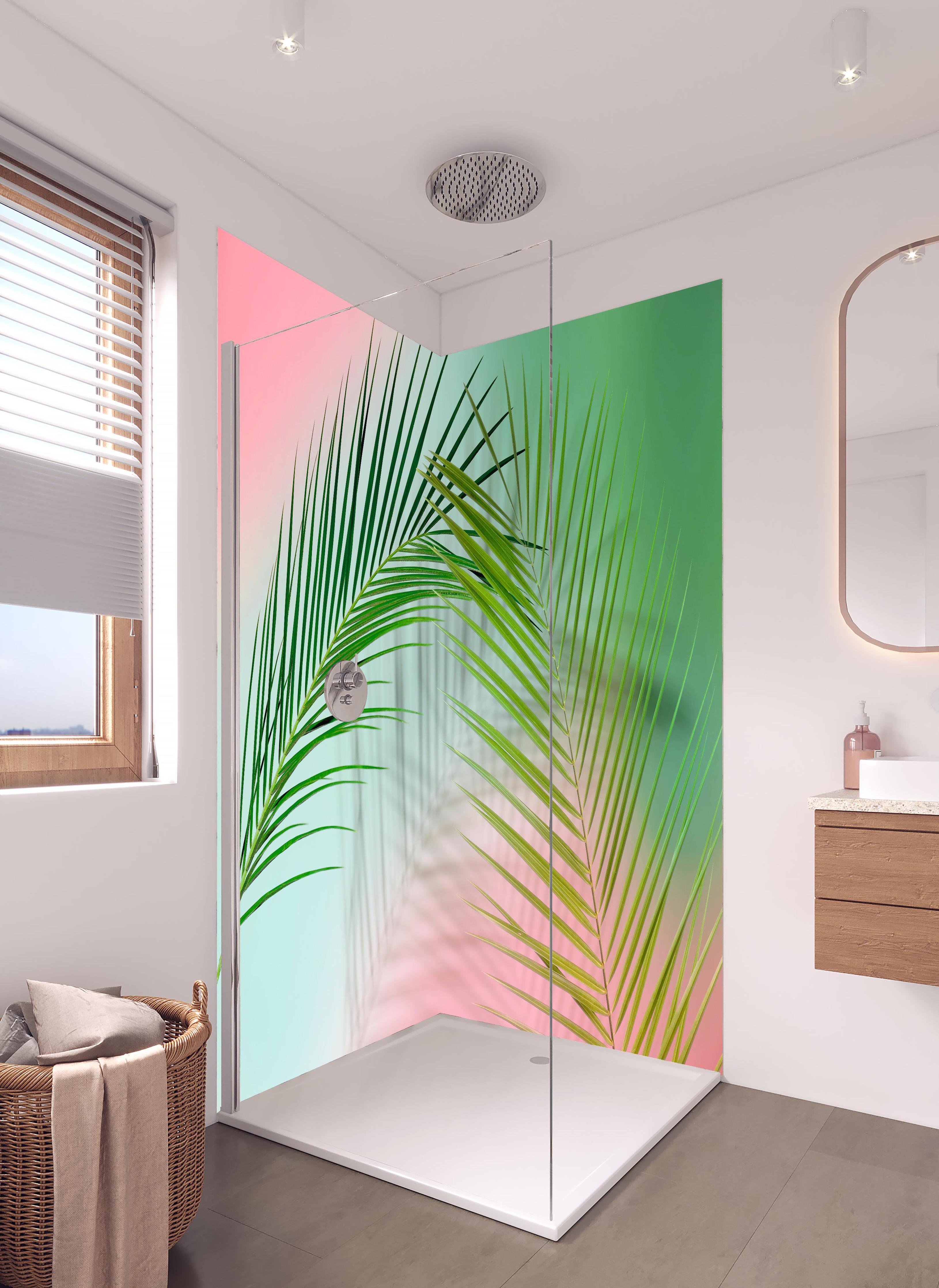 Duschrückwand - Vintage Darstellung von Palmzweigen in hellem Badezimmer mit Regenduschkopf - zweiteilige Eck-Duschrückwand