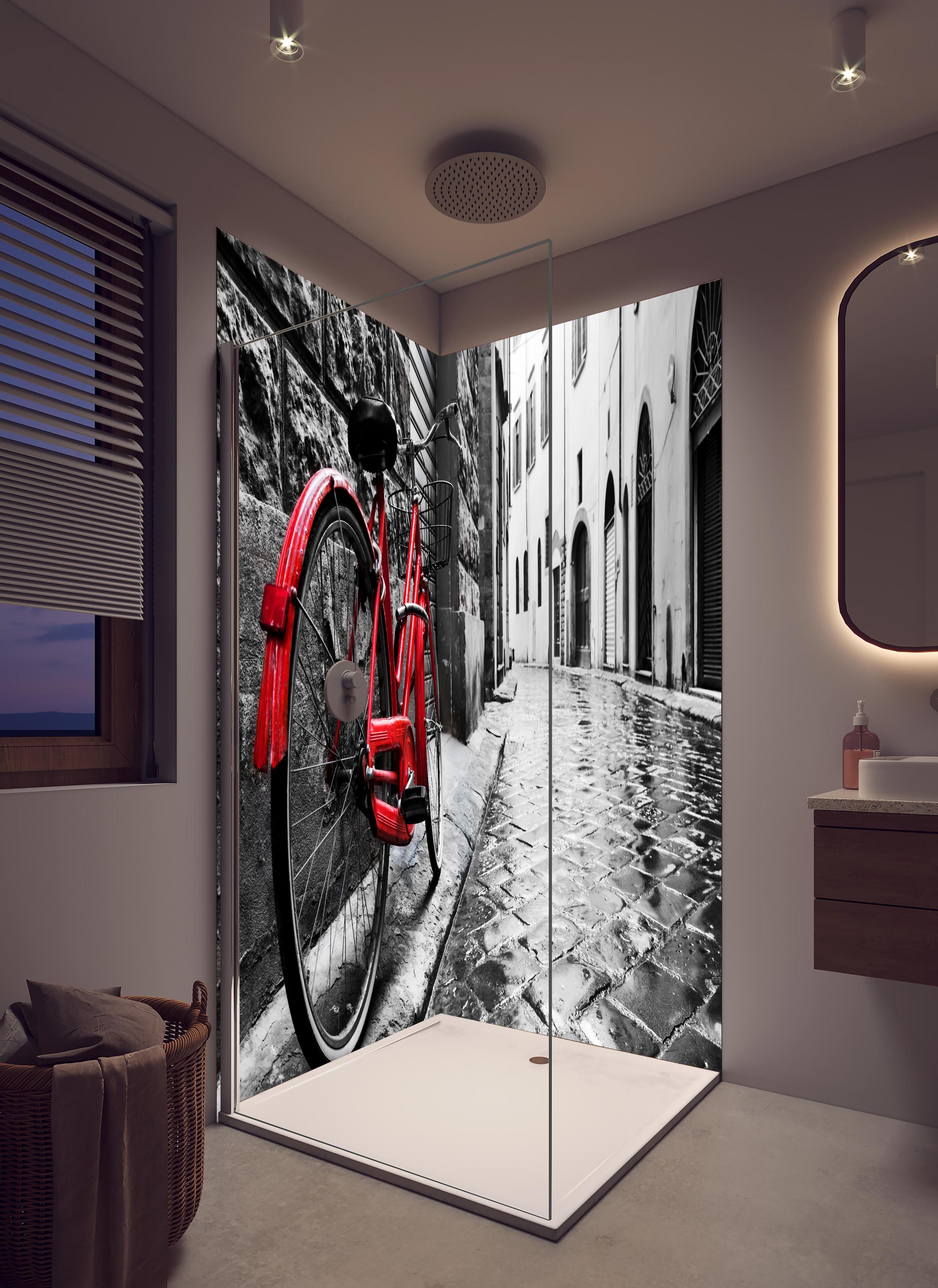 Duschrückwand - Vintage Fahrrad - Altstadt in hellem Badezimmer mit Regenduschkopf - zweiteilige Eck-Duschrückwand