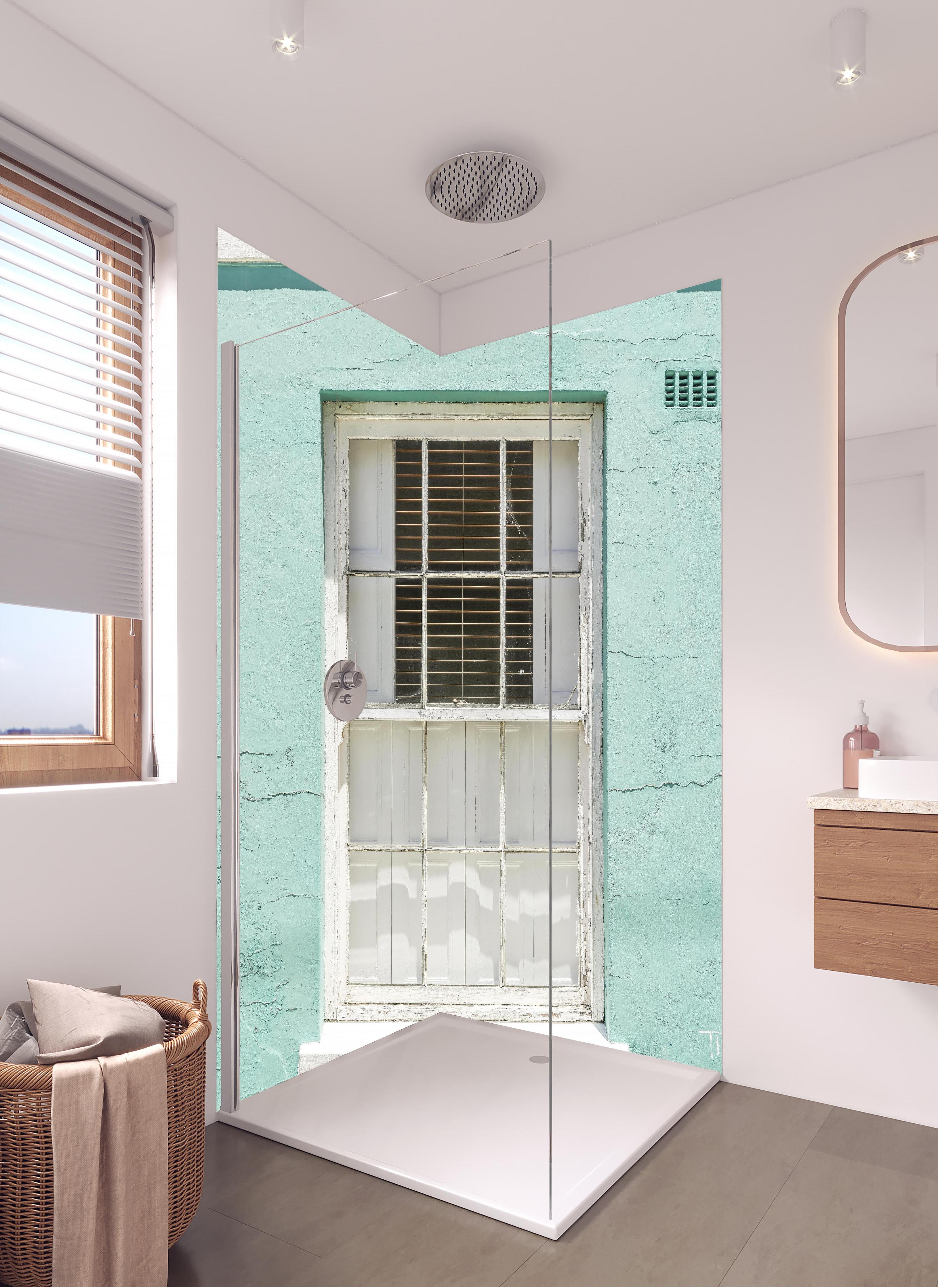 Duschrückwand - Vintage Fenster an Mintgrüner Wand in hellem Badezimmer mit Regenduschkopf - zweiteilige Eck-Duschrückwand