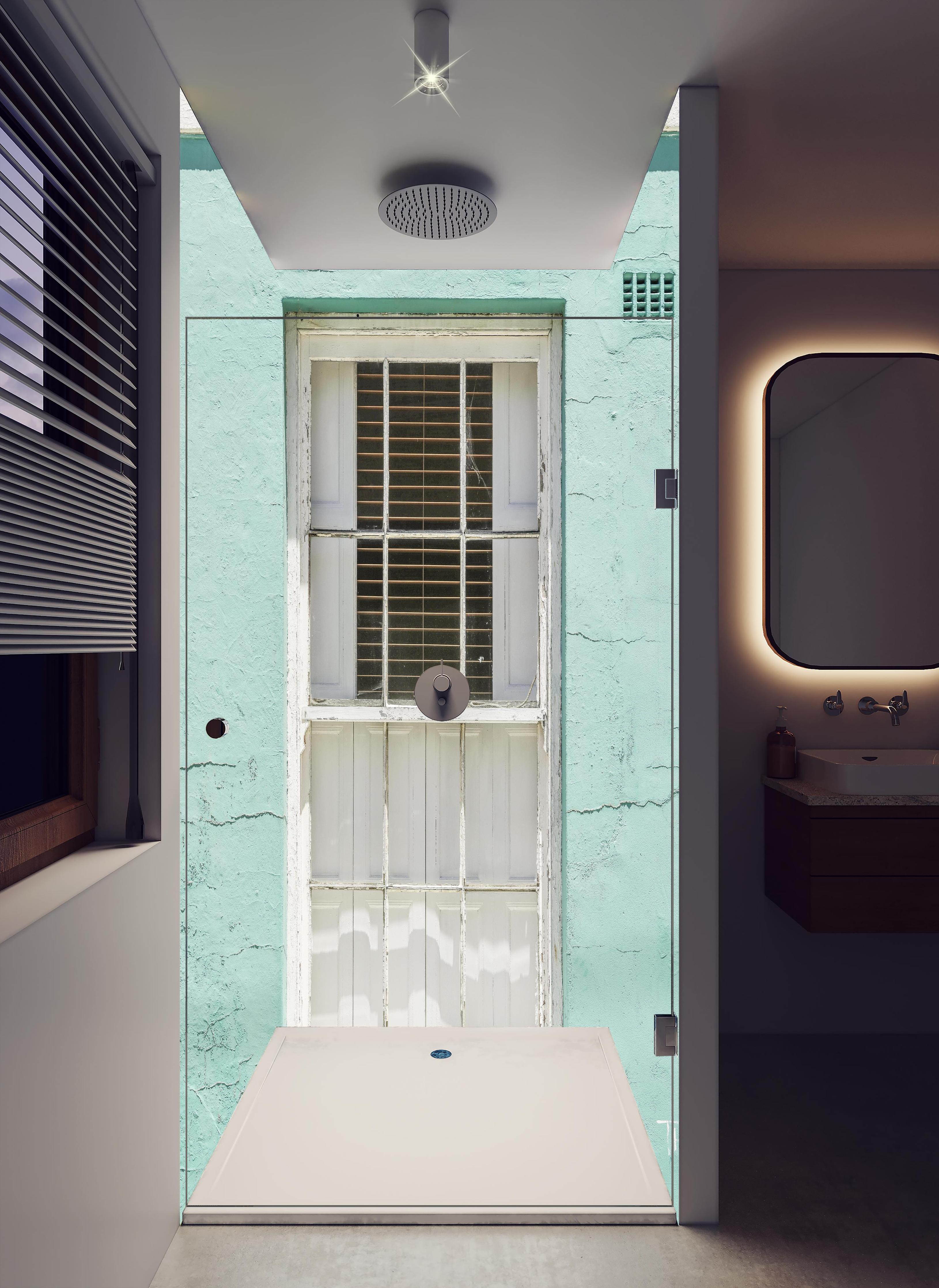 Duschrückwand - Vintage Fenster an Mintgrüner Wand in hellem Badezimmer mit Regenduschkopf - zweiteilige Eck-Duschrückwand