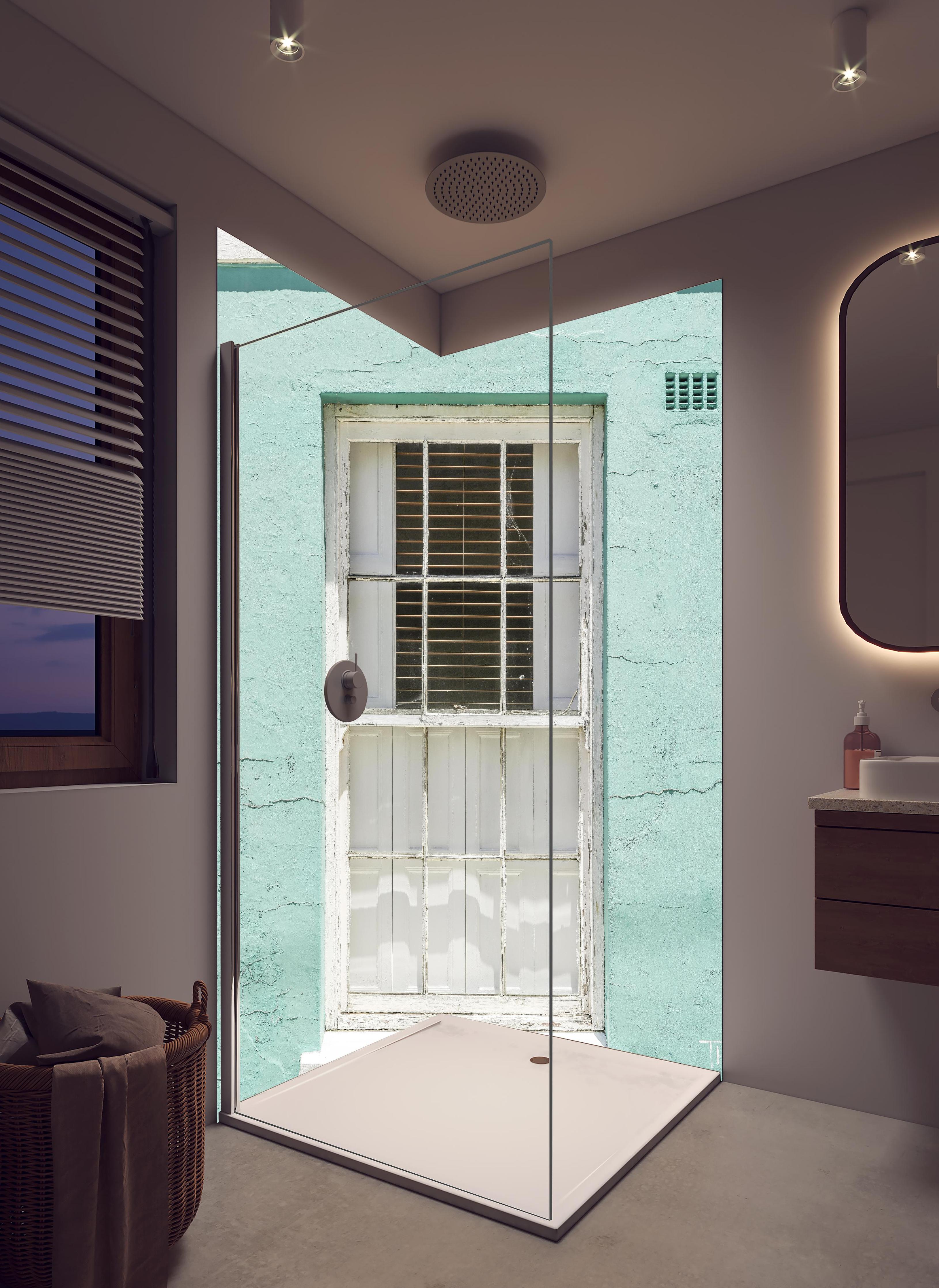 Duschrückwand - Vintage Fenster an Mintgrüner Wand in hellem Badezimmer mit Regenduschkopf - zweiteilige Eck-Duschrückwand