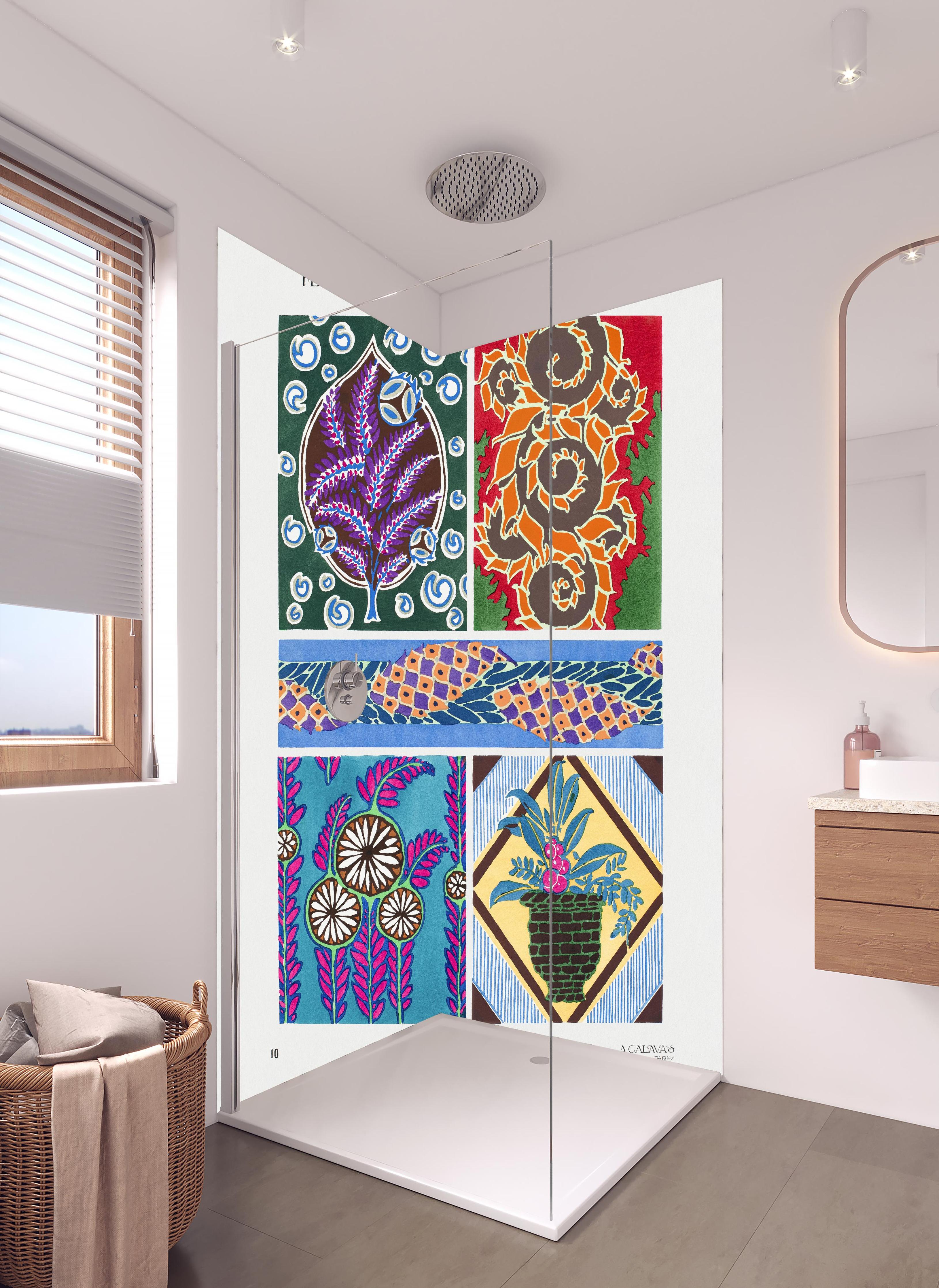 Duschrückwand - Vintage Floral Kunst Muster Poster in hellem Badezimmer mit Regenduschkopf - zweiteilige Eck-Duschrückwand