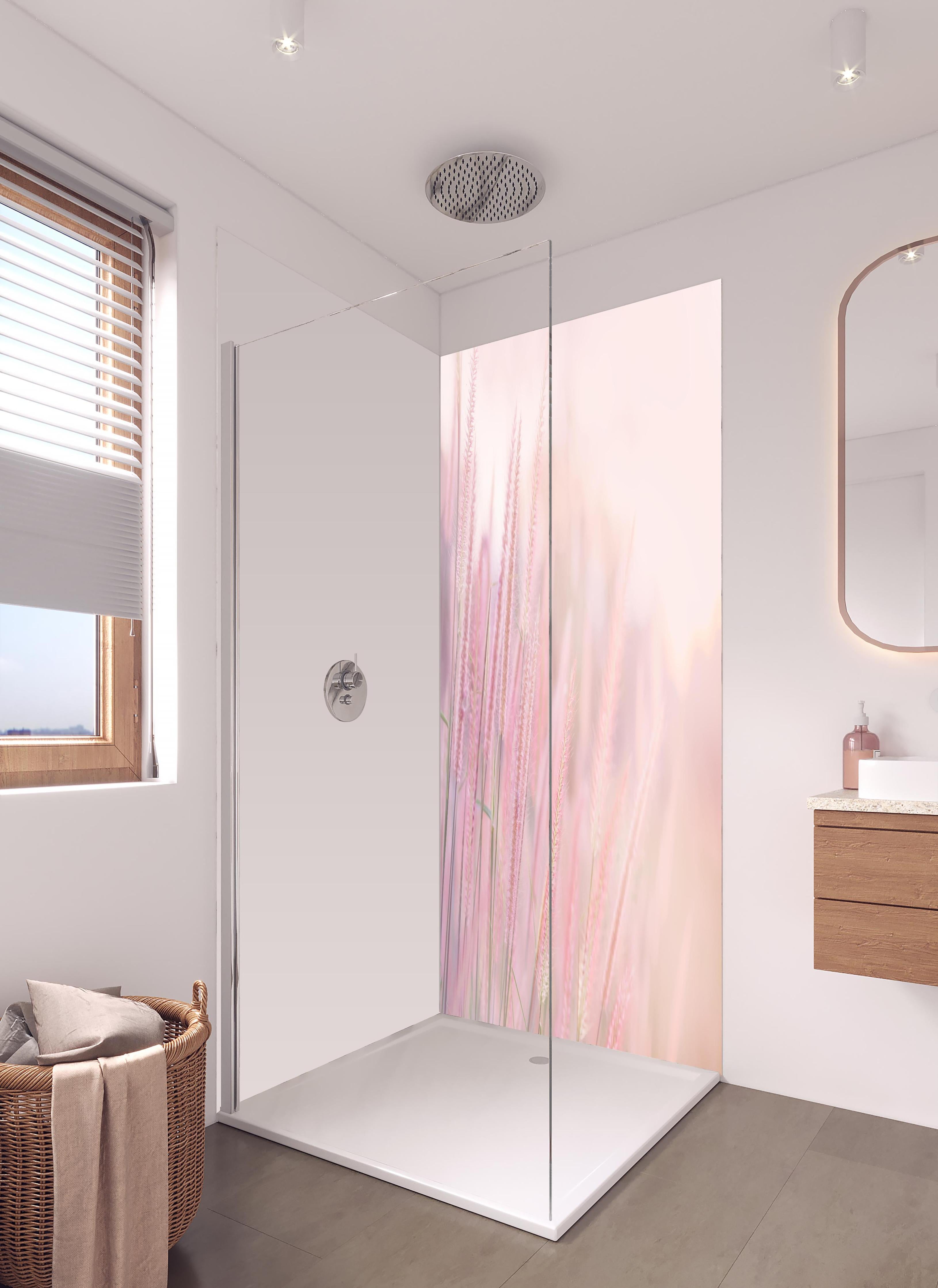 Duschrückwand - Vintage Gräser in Pastellrosa und Weiß in hellem Badezimmer mit Regenduschkopf - zweiteilige Eck-Duschrückwand
