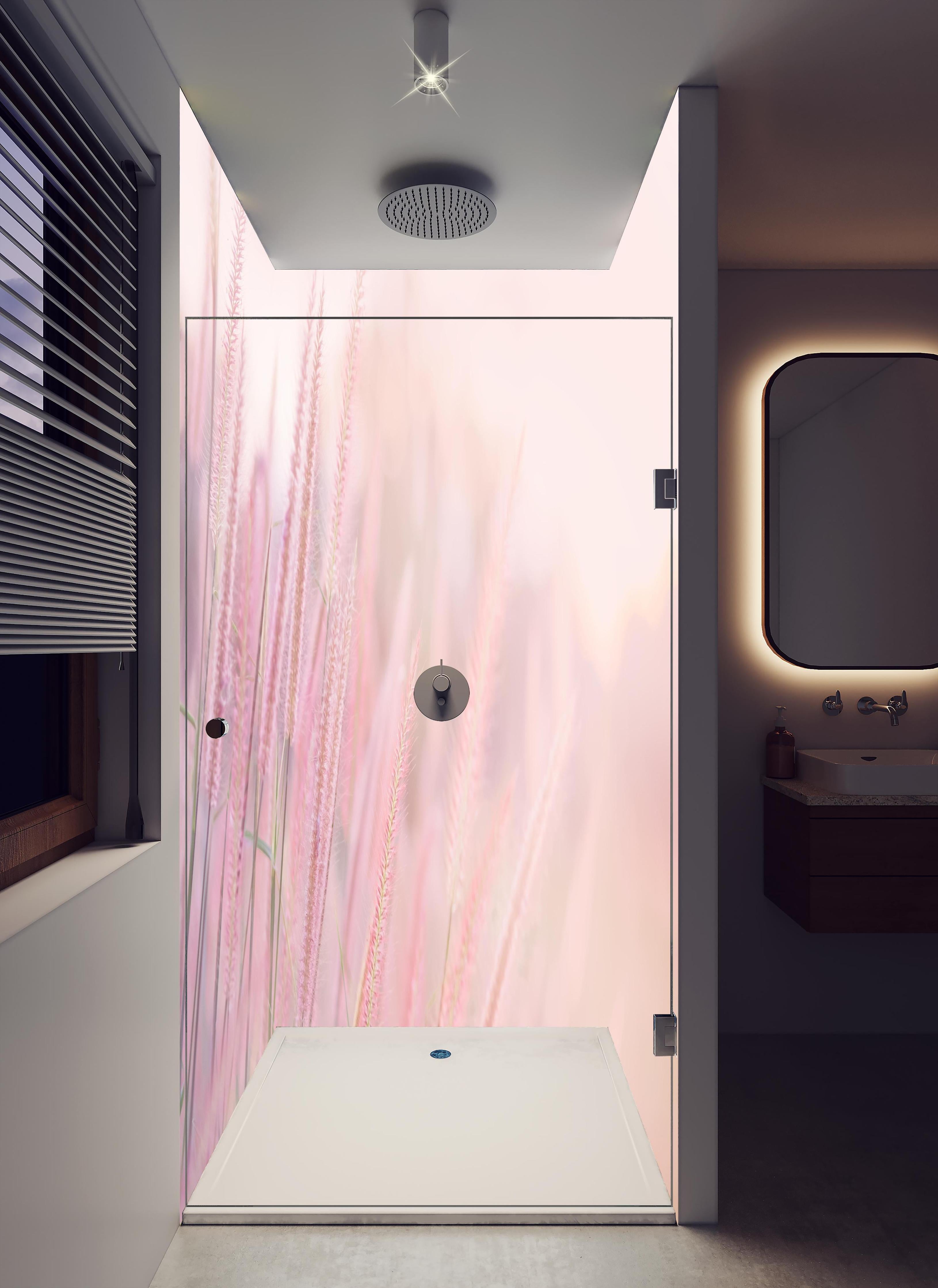 Duschrückwand - Vintage Gräser in Pastellrosa und Weiß in hellem Badezimmer mit Regenduschkopf - zweiteilige Eck-Duschrückwand
