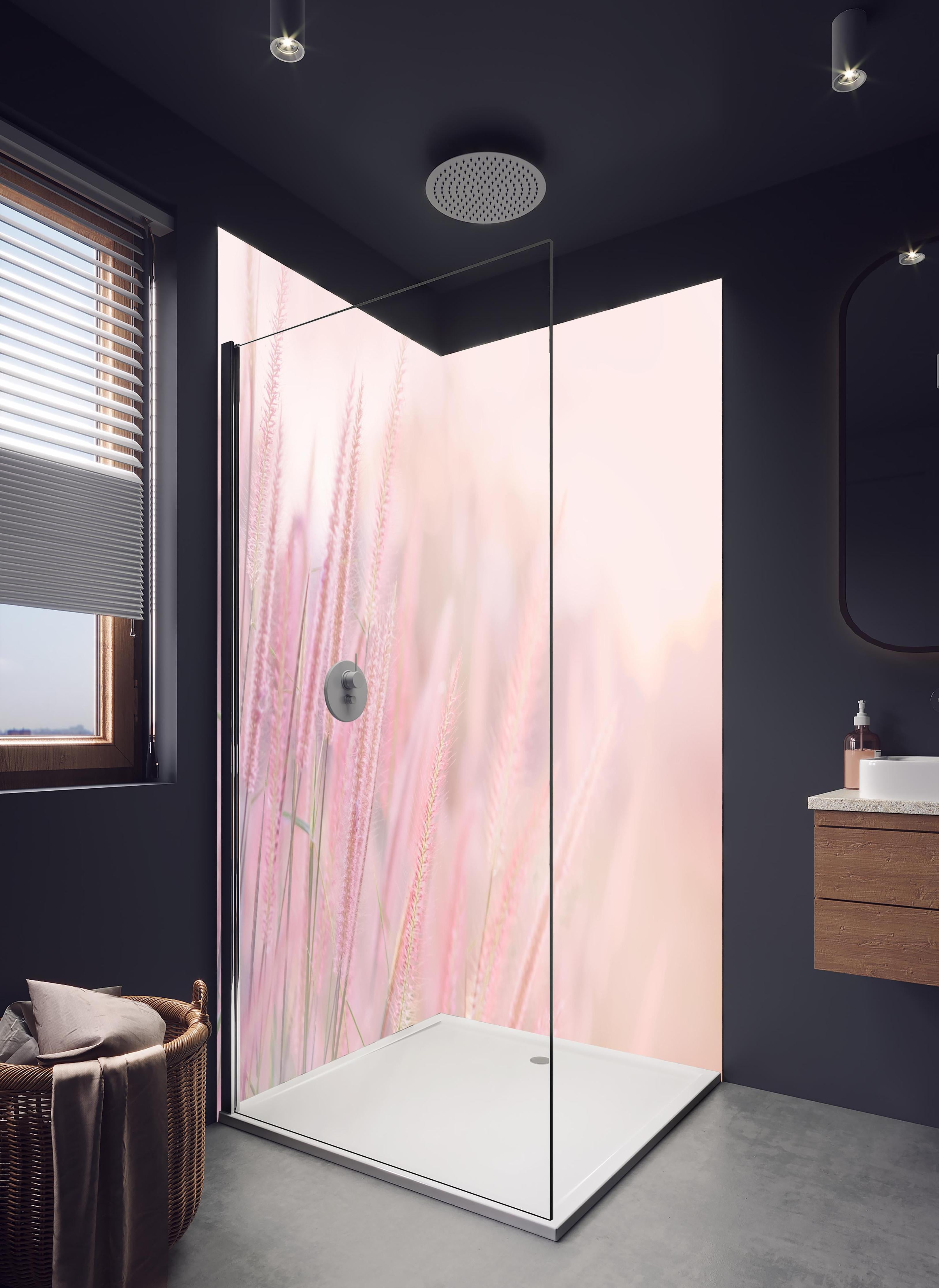 Duschrückwand - Vintage Gräser in Pastellrosa und Weiß in hellem Badezimmer mit Regenduschkopf - zweiteilige Eck-Duschrückwand